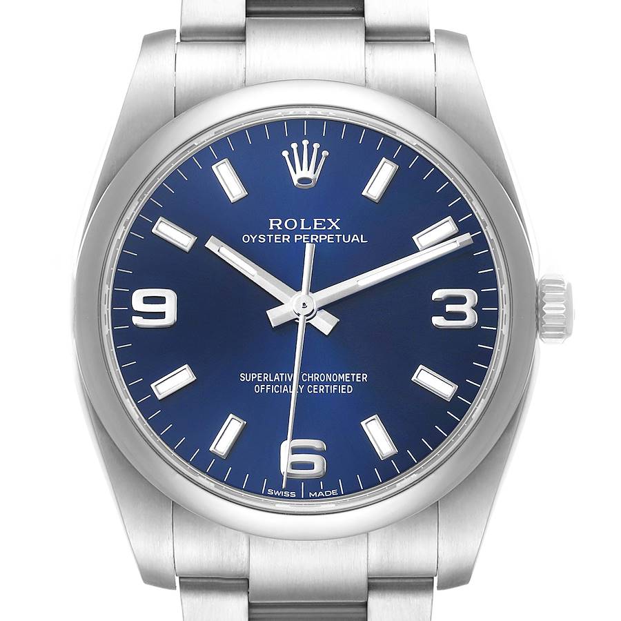 Rolex Oyster Perpetual 34 Blue Dial Smooth Bezel Steel Mens Watch 114200 Box Card SwissWatchExpo