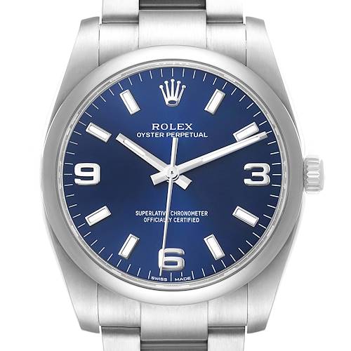 Photo of Rolex Oyster Perpetual 34 Blue Dial Smooth Bezel Steel Mens Watch 114200 Box Card