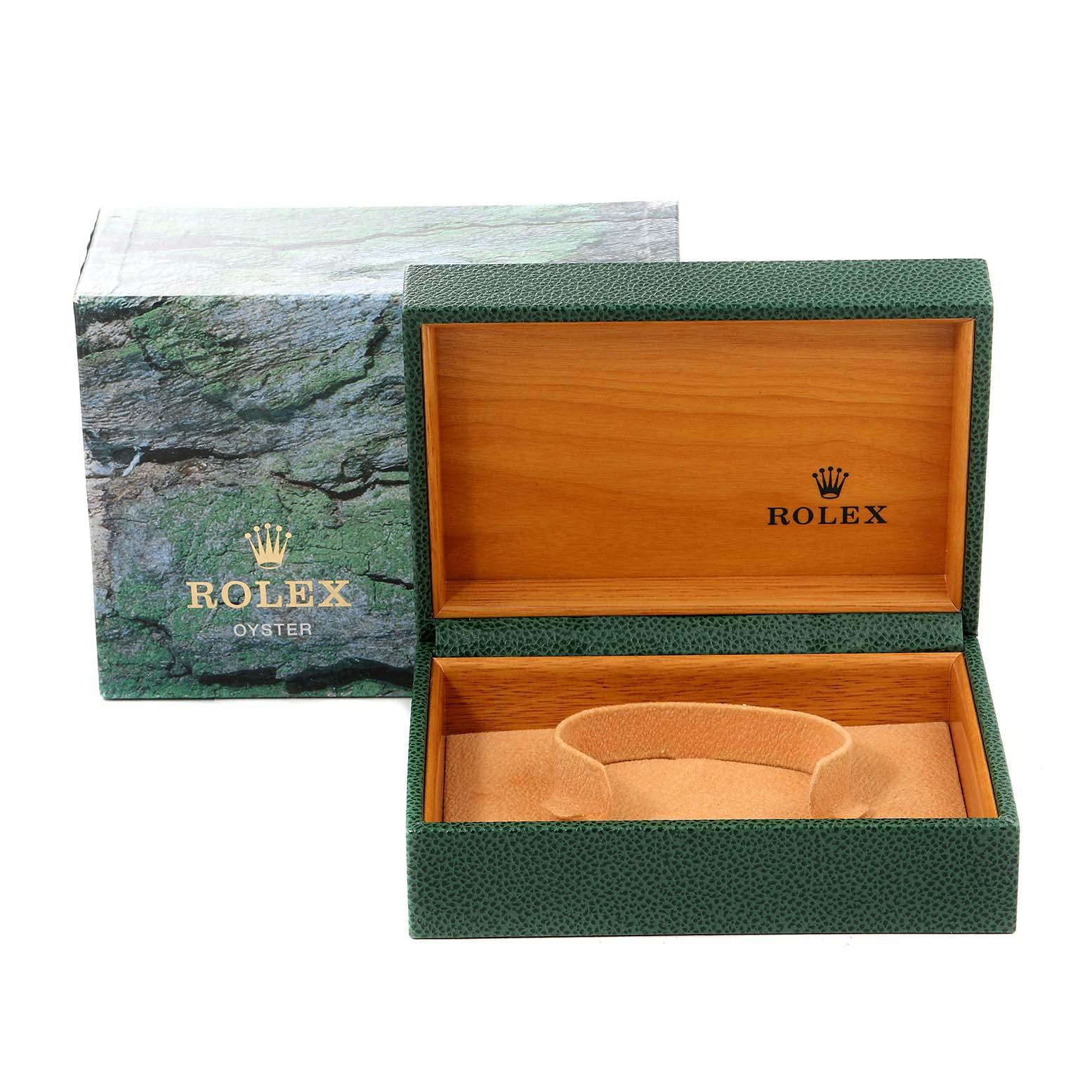 The image shows a Rolex Air-King 14000 Men's Stainless Steel Blue Dial 14000 Men's Stainless Steel Blue Dial watch box set, including an open green and wood grain box and a green cardboard outer box.