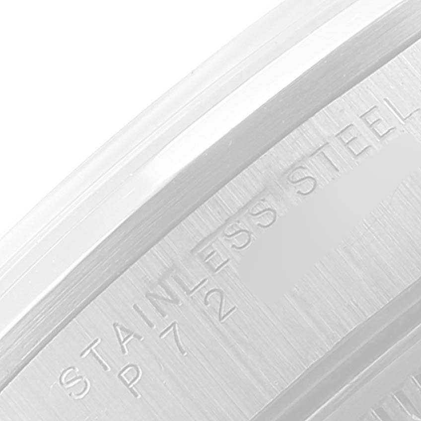 This image shows a close-up of the case back of the Rolex Air-King 14000 Men's Stainless Steel Blue Dial 14000 Men's Stainless Steel Blue Dial, highlighting the "STAINLESS STEEL" engraving.