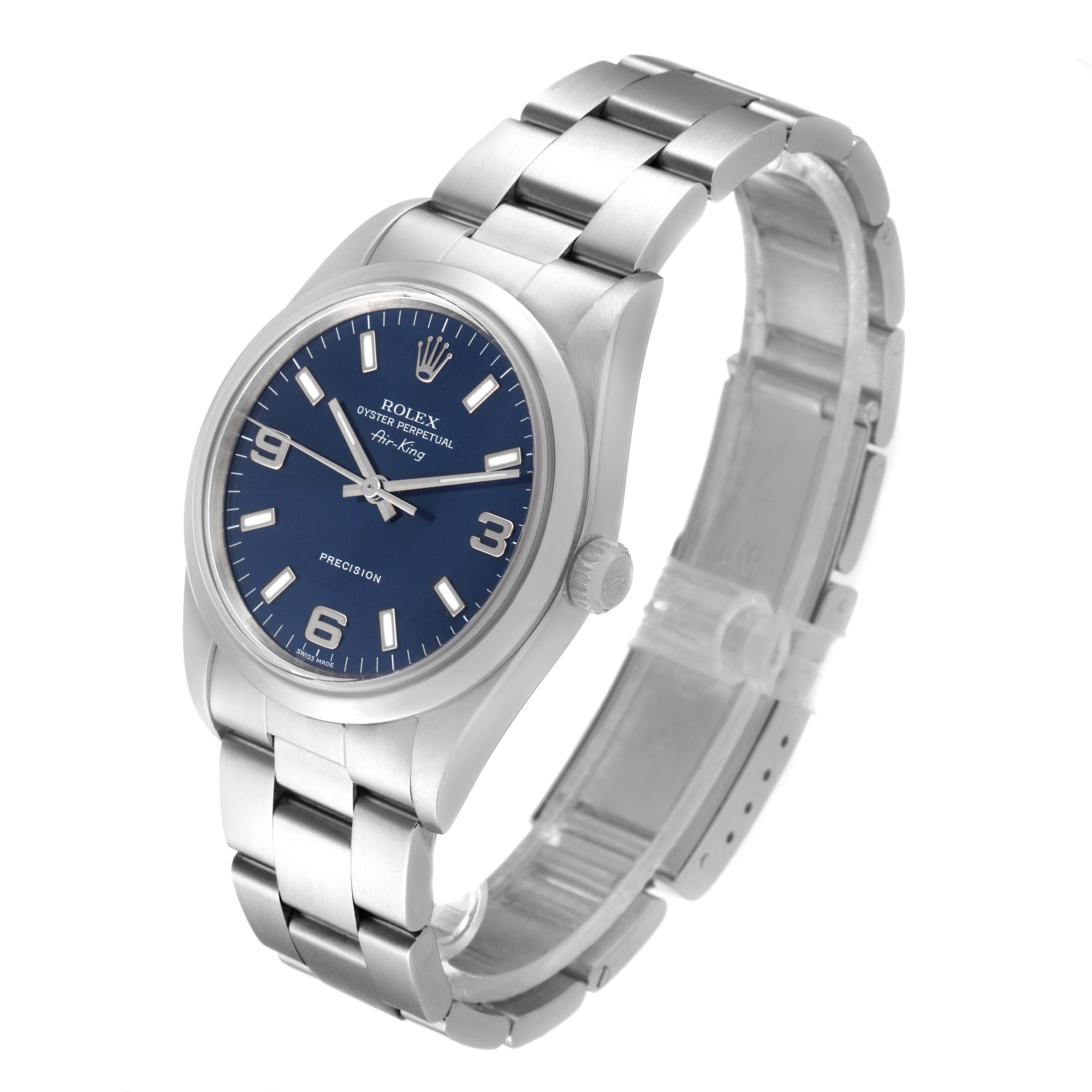 The image shows a side and front view of the Rolex Air-King 14000 Men's Stainless Steel Blue Dial 14000 Men's Stainless Steel Blue Dial watch, displaying the face, bezel, crown, and bracelet.