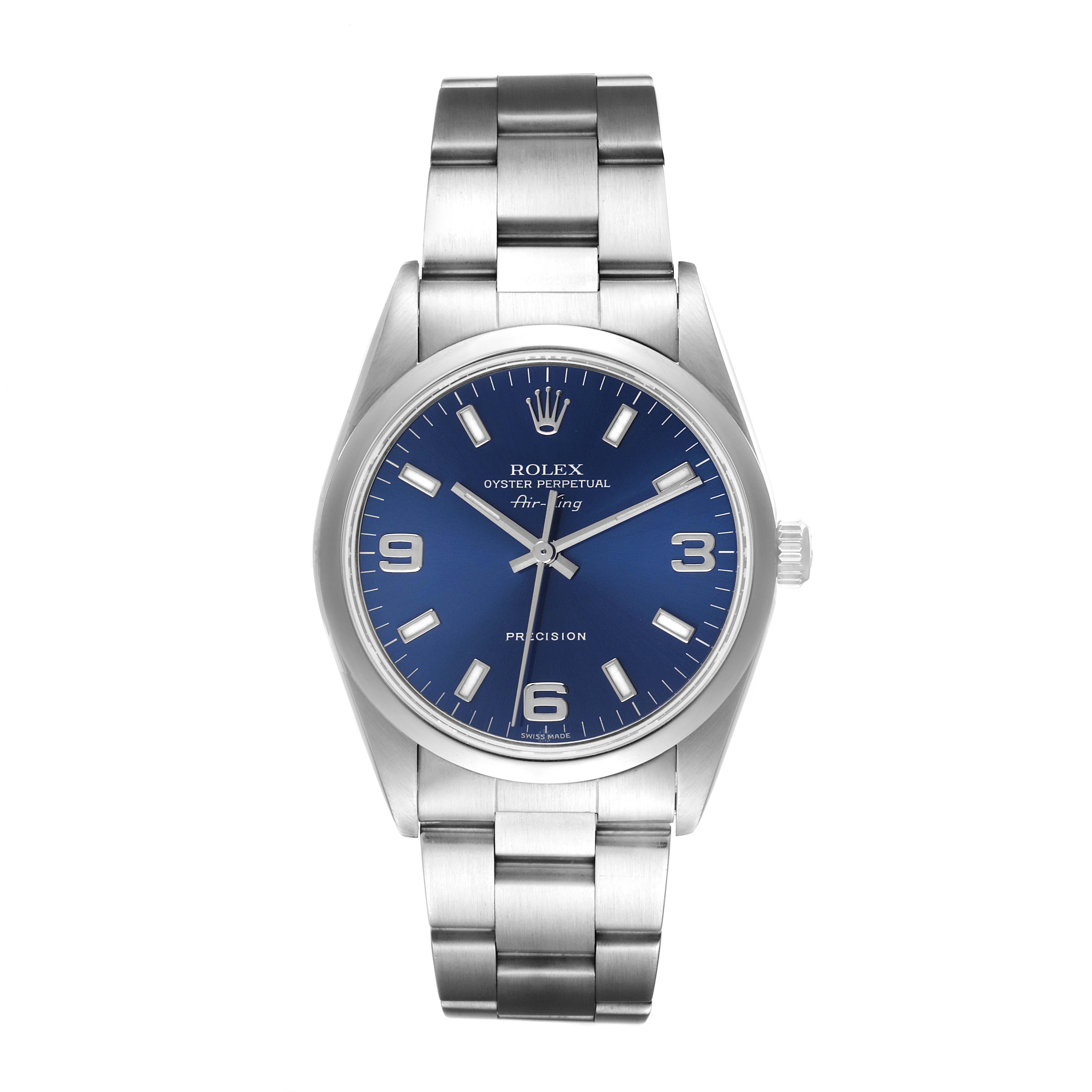 This image shows a front view of a Rolex Air-King 14000 Men's Stainless Steel Blue Dial 14000 Men's Stainless Steel Blue Dial watch, displaying its blue dial, stainless steel case, and bracelet.