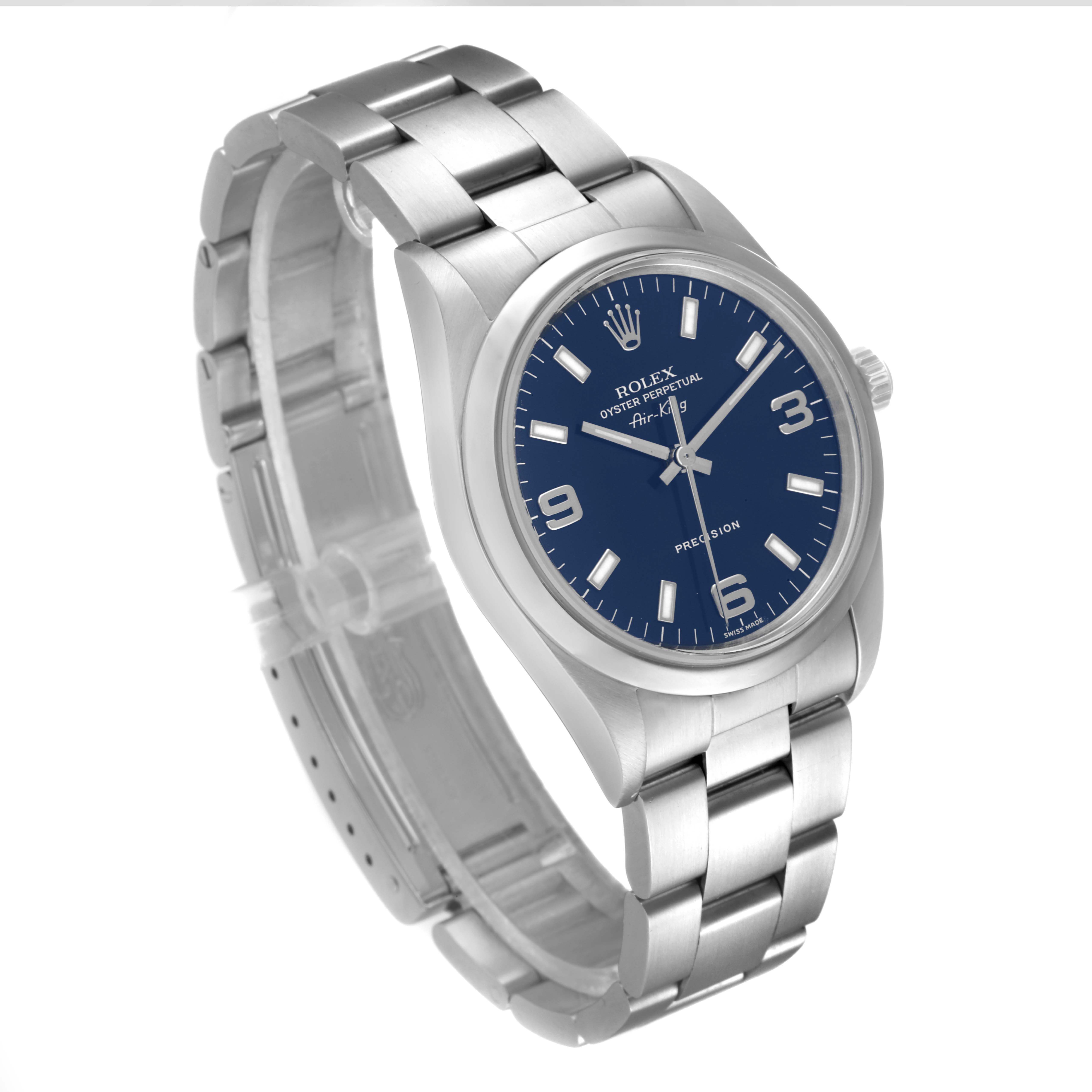 The image shows a Rolex Air-King 14000 Men's Stainless Steel Blue Dial 14000 Men's Stainless Steel Blue Dial watch angled to display the face, crown, and stainless steel bracelet.