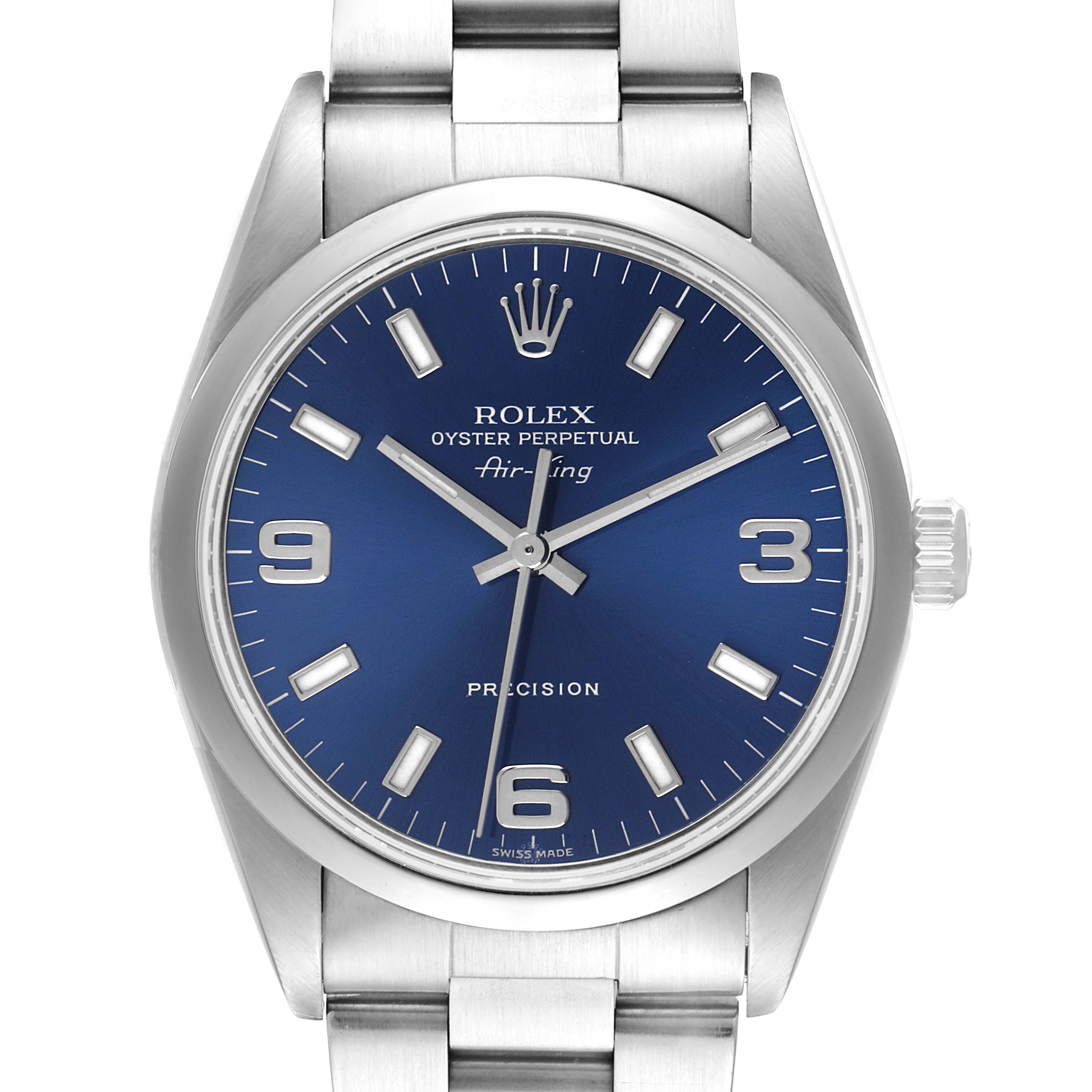 This image shows a front view of the Rolex Air-King 14000 Men's Stainless Steel Blue Dial 14000 Men's Stainless Steel Blue Dial watch, highlighting the dial, hands, bezel, and part of the bracelet.