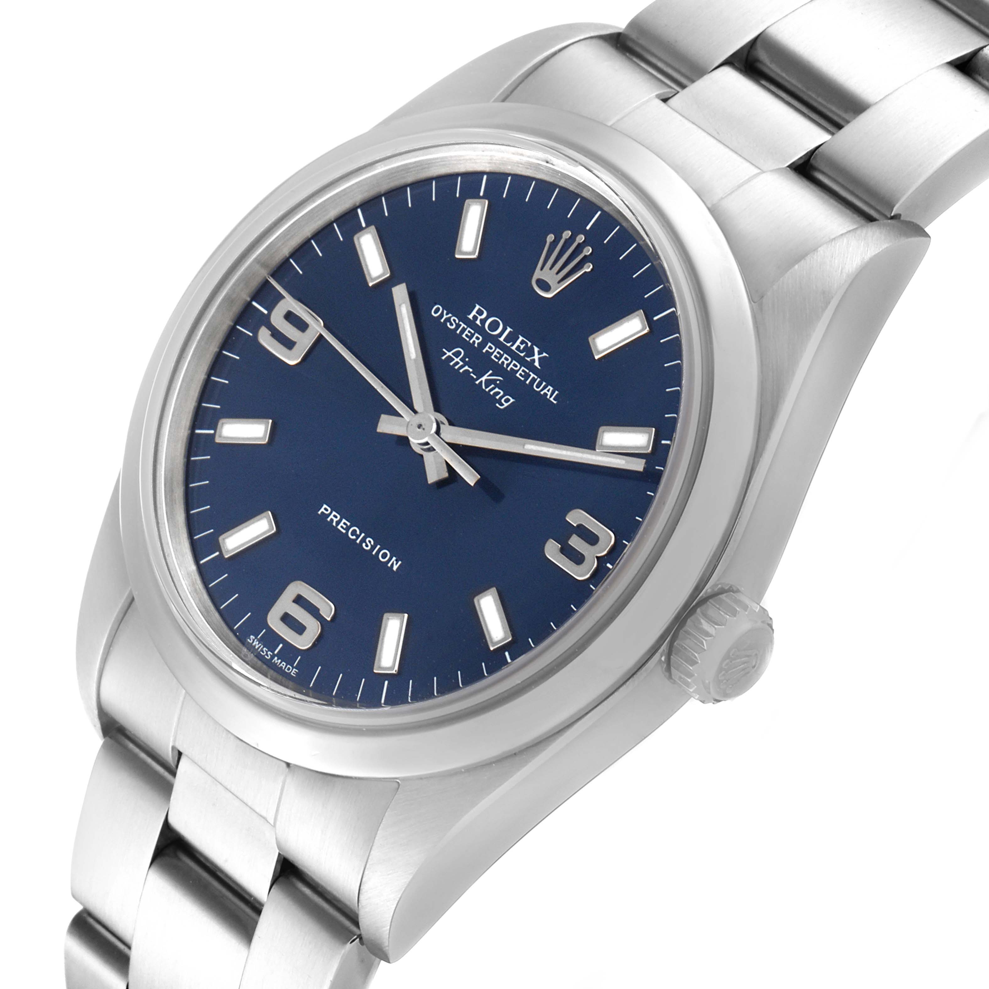 The image shows a Rolex Air-King 14000 Men's Stainless Steel Blue Dial 14000 Men's Stainless Steel Blue Dial watch from an angled close-up, highlighting the blue dial, stainless steel case, and bracelet.