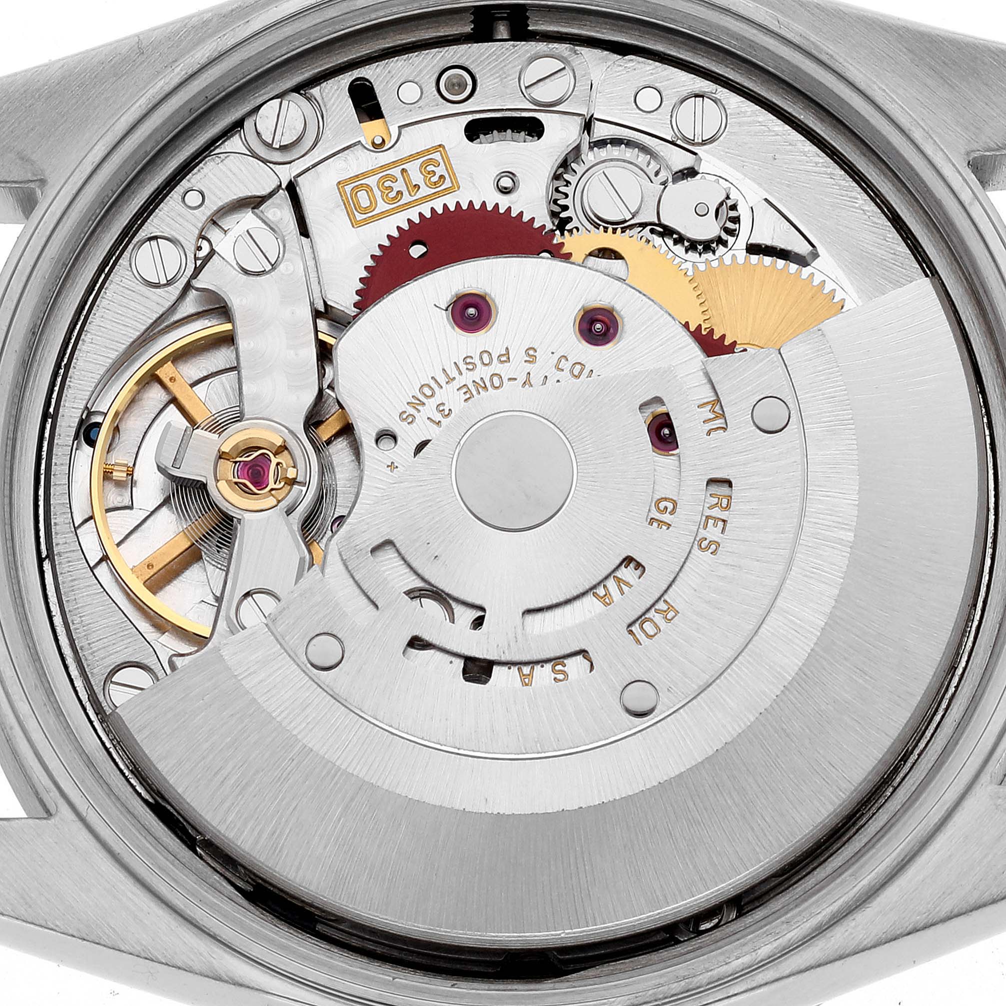 The image shows the internal mechanism of a Rolex Air-King 14010M Men's Stainless Steel White Dial 14010M Men's Stainless Steel White Dial watch, viewed from the back case with visible gears and components.