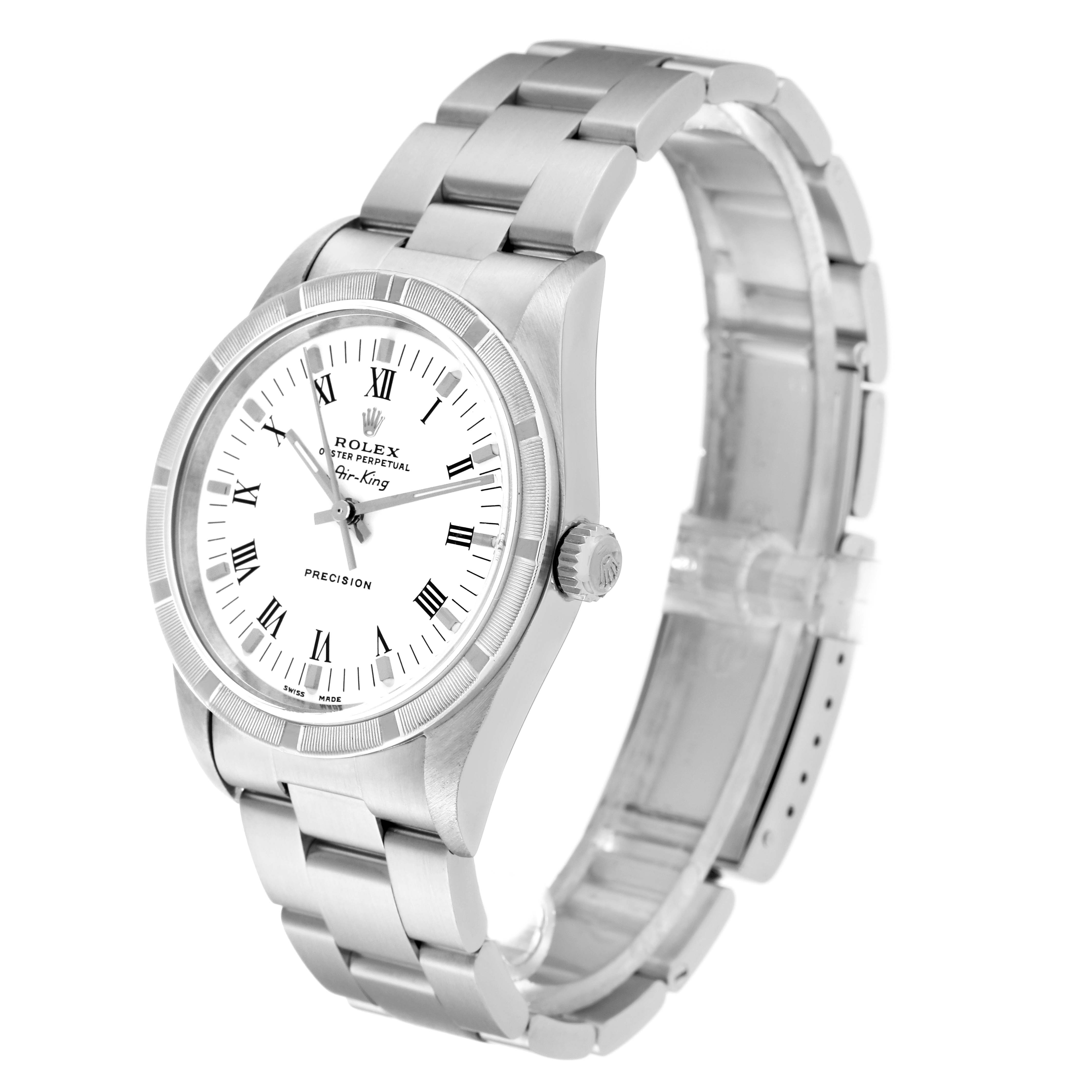 The Rolex Air-King 14010M Men's Stainless Steel White Dial 14010M Men's Stainless Steel White Dial watch is shown at a three-quarter angle, displaying the face, bezel, and part of the bracelet.