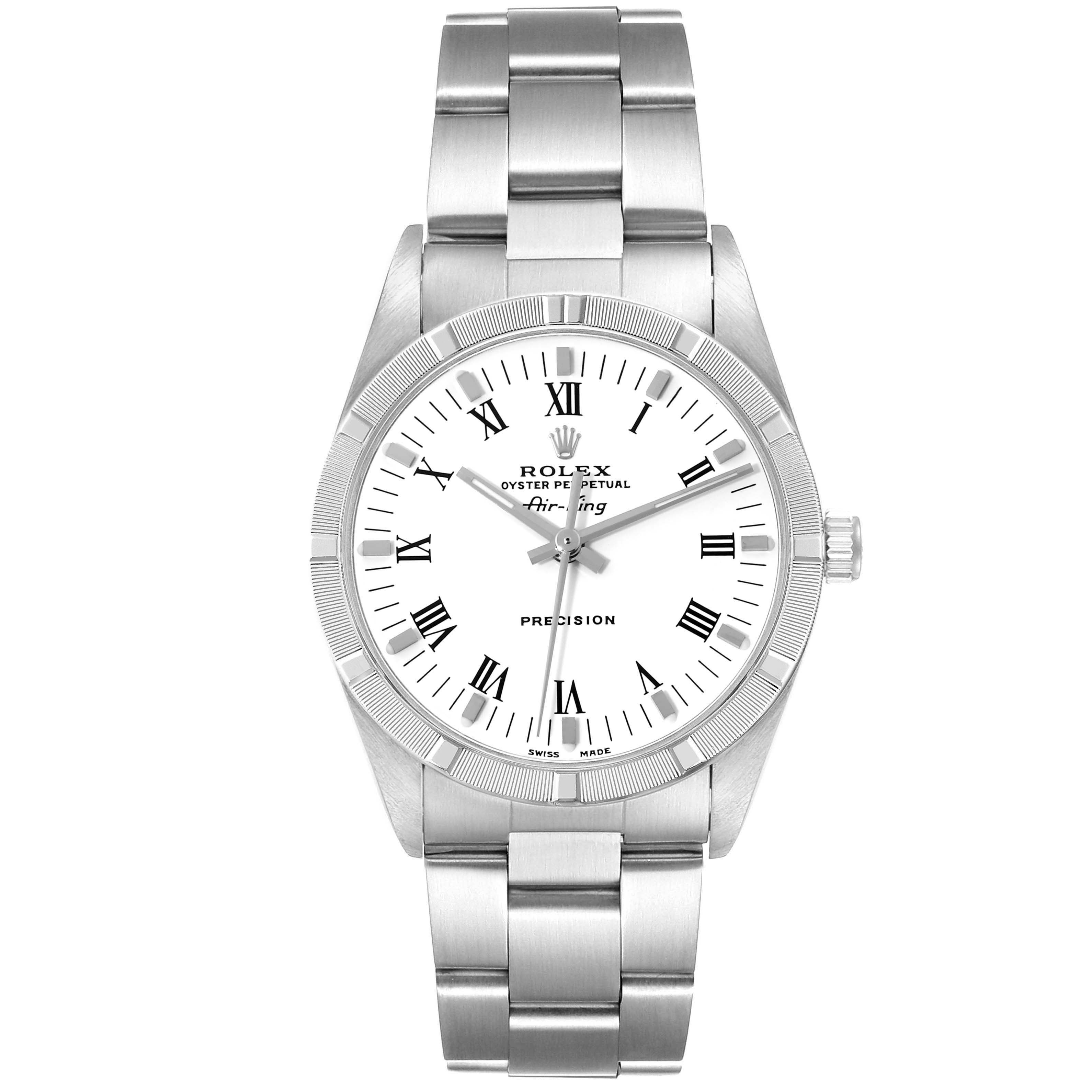 The image shows a frontal view of the Rolex Air-King 14010M Men's Stainless Steel White Dial 14010M Men's Stainless Steel White Dial watch, displaying its face, bracelet, and crown.