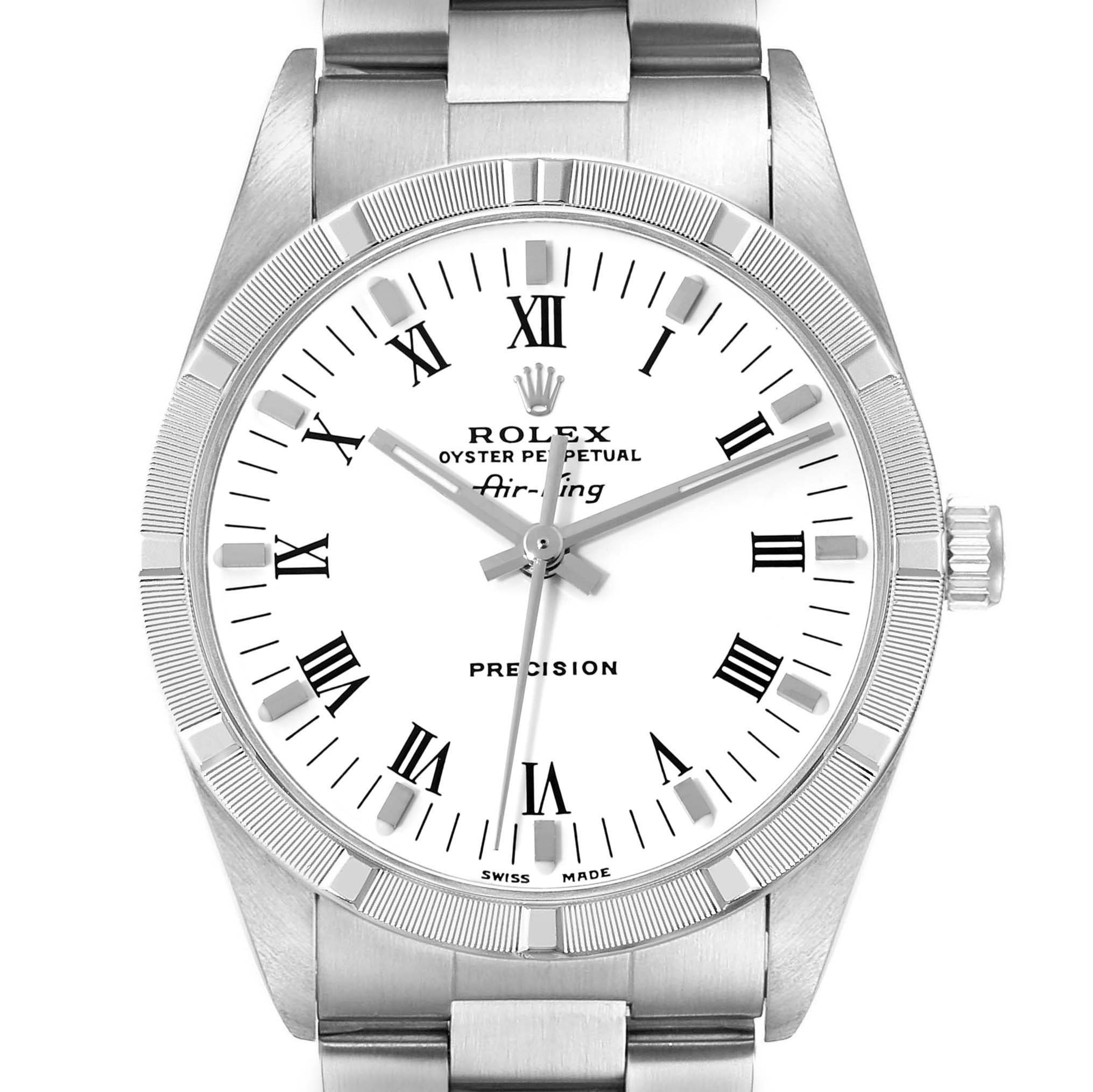 The image shows a front view of the Rolex Air-King 14010M Men's Stainless Steel White Dial 14010M Men's Stainless Steel White Dial watch, highlighting its dial, bezel, and part of the bracelet.