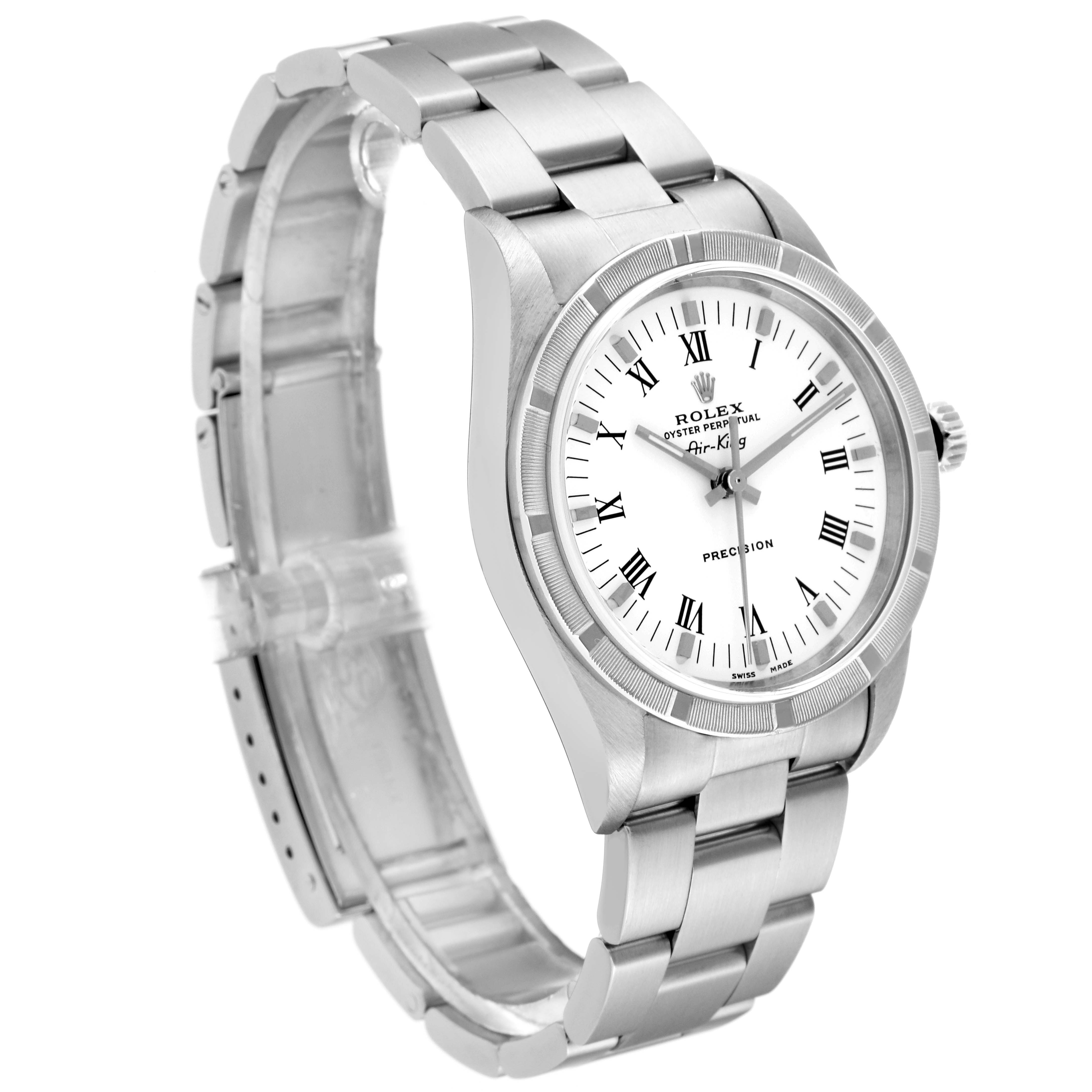 The Rolex Air-King 14010M Men's Stainless Steel White Dial 14010M Men's Stainless Steel White Dial watch is shown at an angle highlighting its face, bezel, crown, and bracelet.