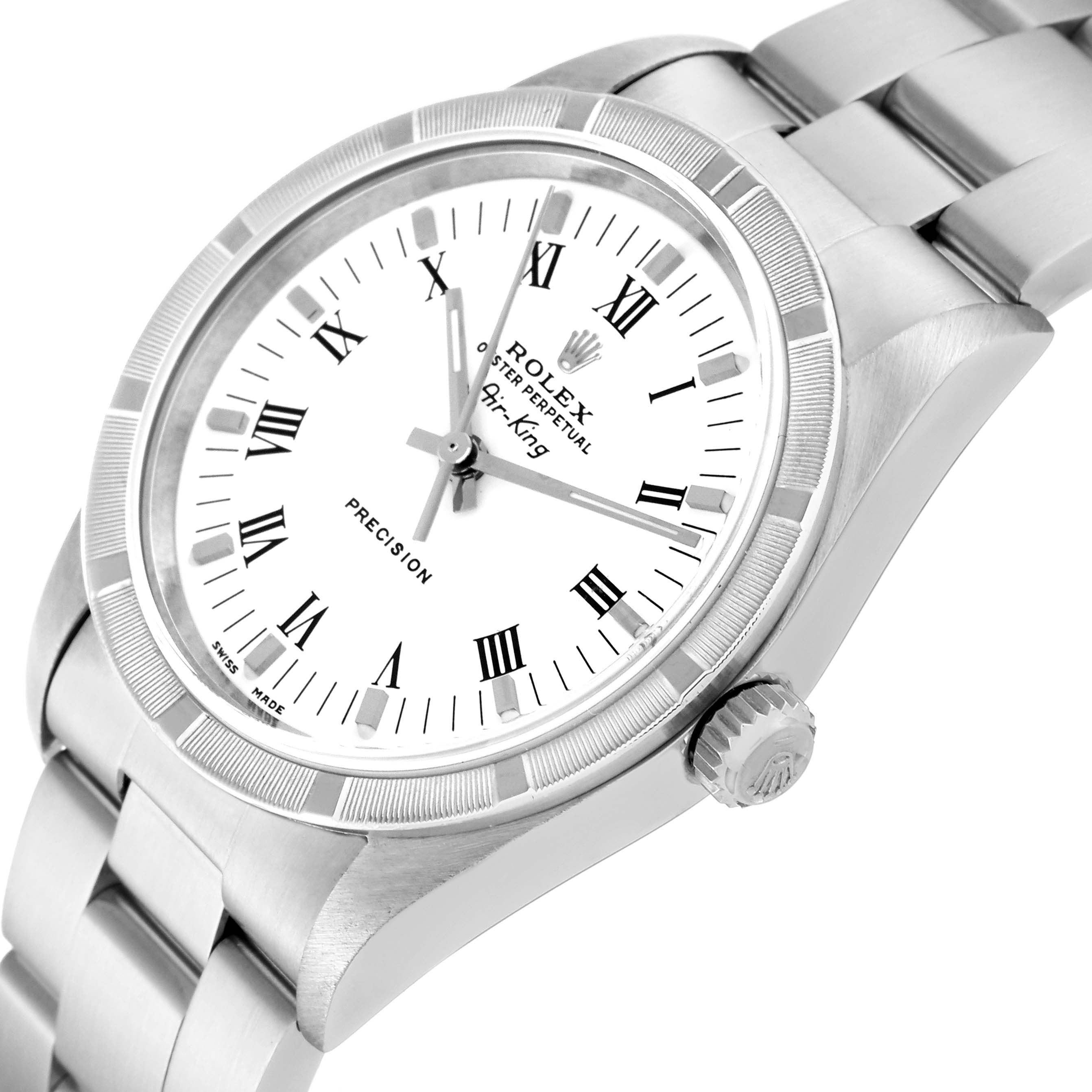 The Rolex Air-King 14010M Men's Stainless Steel White Dial 14010M Men's Stainless Steel White Dial watch is shown at an oblique angle, displaying the face, bezel, crown, and part of the bracelet.