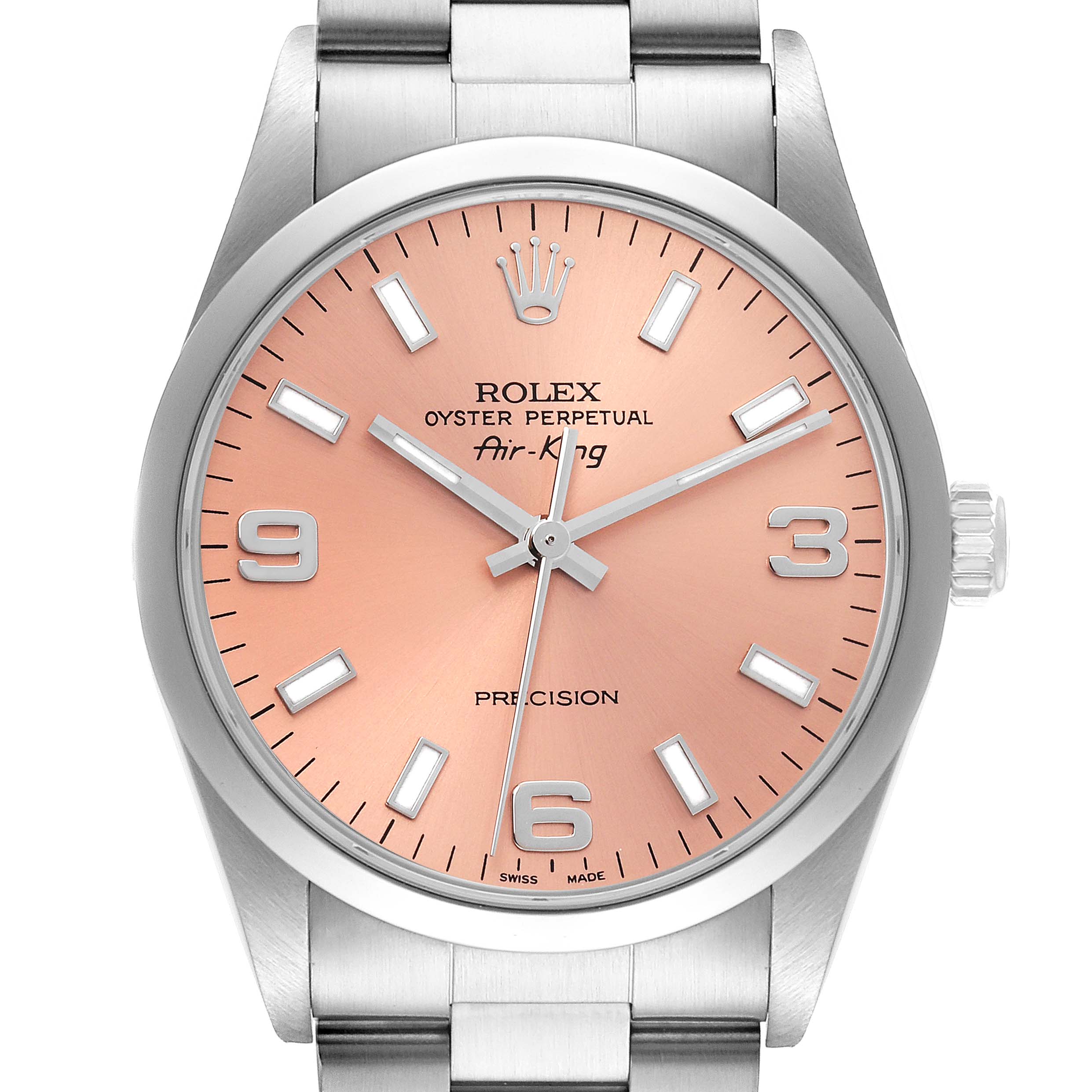 The Rolex Air-King 14000 Men's Stainless Steel Pink Dial 14000 Men's Stainless Steel Pink Dial watch is shown from a front angle, displaying the dial, hands, markers, bezel, and part of the bracelet.