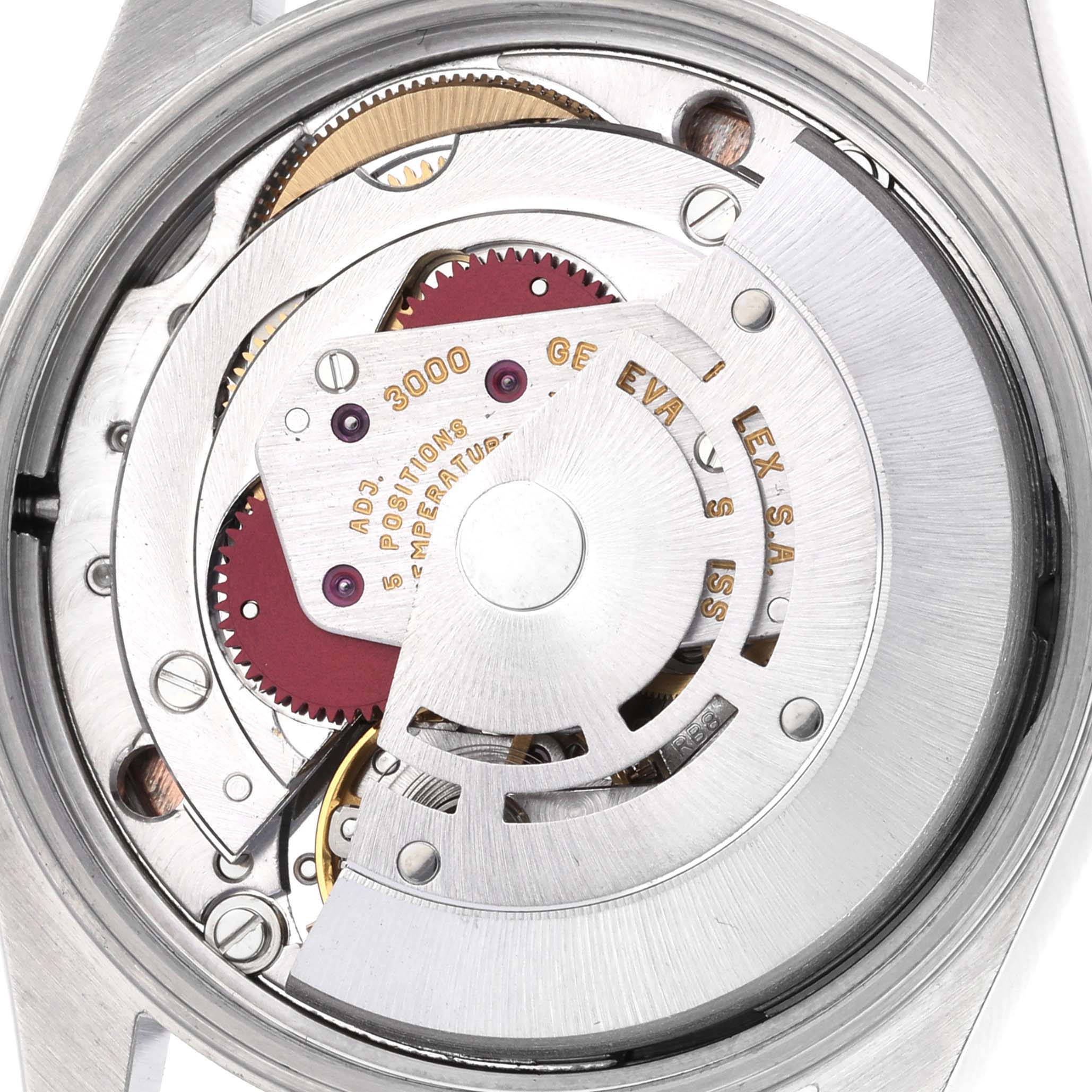 This image shows a close-up view of the Rolex Air-King 14000 Men's Stainless Steel Pink Dial 14000 Men's Stainless Steel Pink Dial's movement, highlighting the rotor and internal mechanics.