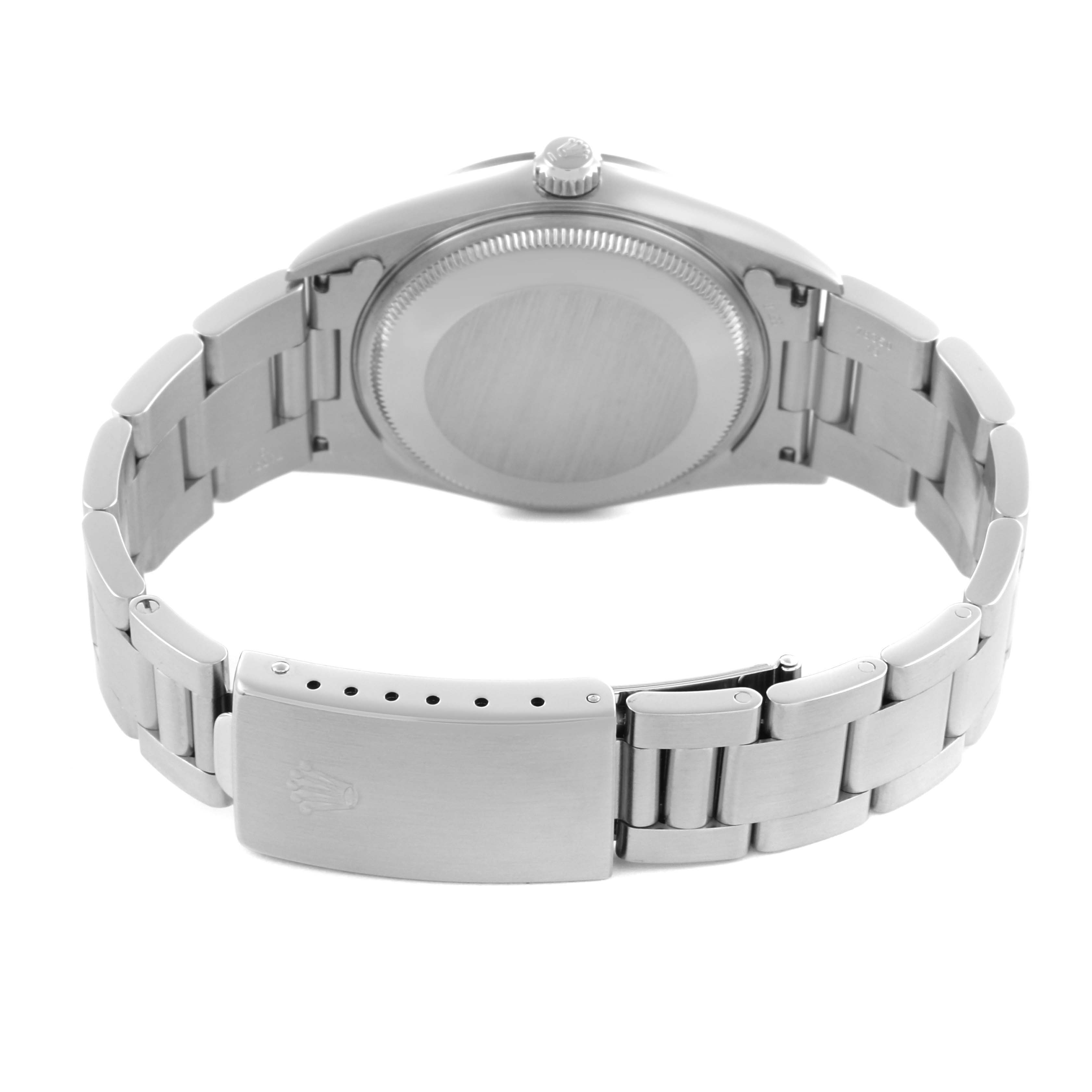 The image shows the back view of the Rolex Air-King 14000 Men's Stainless Steel Pink Dial 14000 Men's Stainless Steel Pink Dial, highlighting the case back, crown, and bracelet clasp.