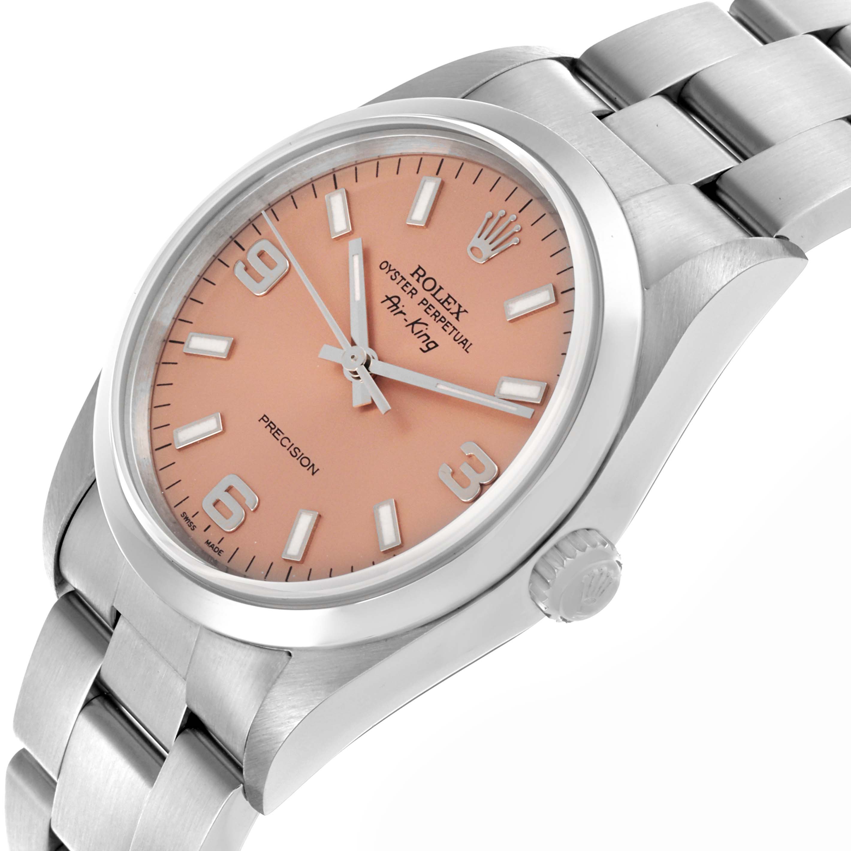 The Rolex Air-King 14000 Men's Stainless Steel Pink Dial 14000 Men's Stainless Steel Pink Dial watch is shown at an angled side view, displaying the face, case, crown, and part of the bracelet.