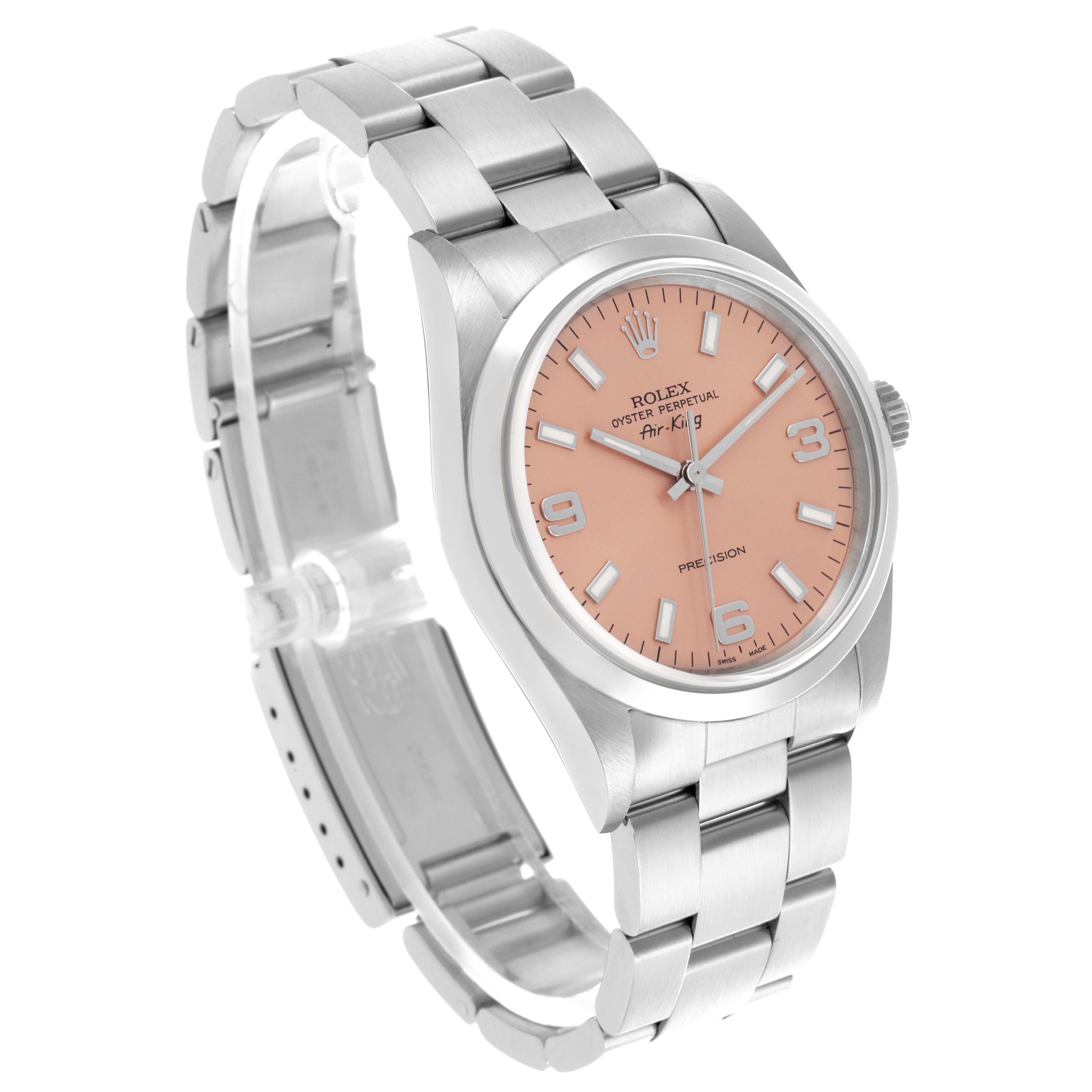 The Rolex Air-King 14000 Men's Stainless Steel Pink Dial 14000 Men's Stainless Steel Pink Dial watch is shown at an angled view, highlighting its peach dial, bezel, crown, and metal bracelet.