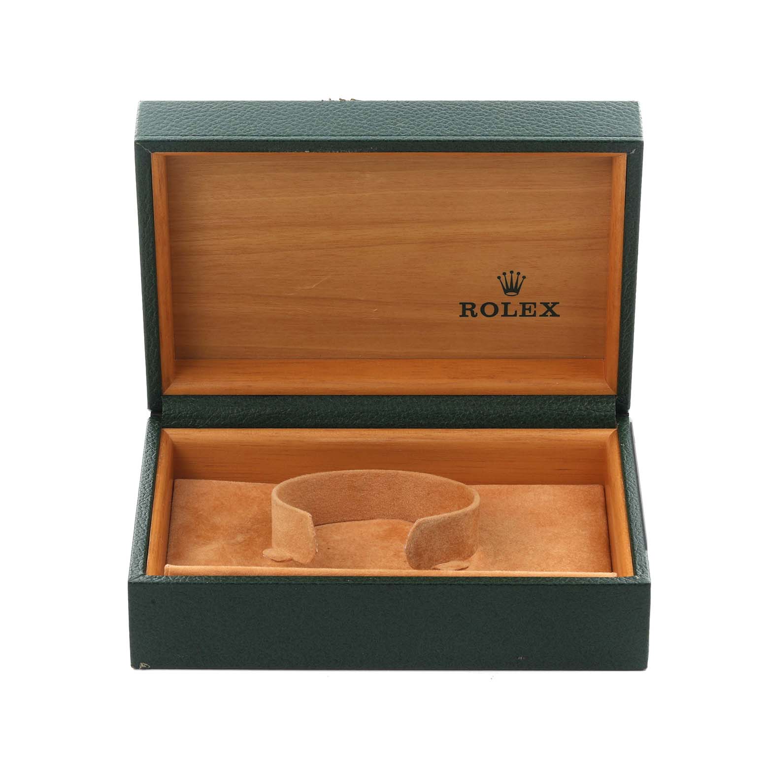 The image shows an open Rolex Air-King 14000 Men's Stainless Steel Pink Dial 14000 Men's Stainless Steel Pink Dial watch box from a front angle, displaying the interior lining and logo.