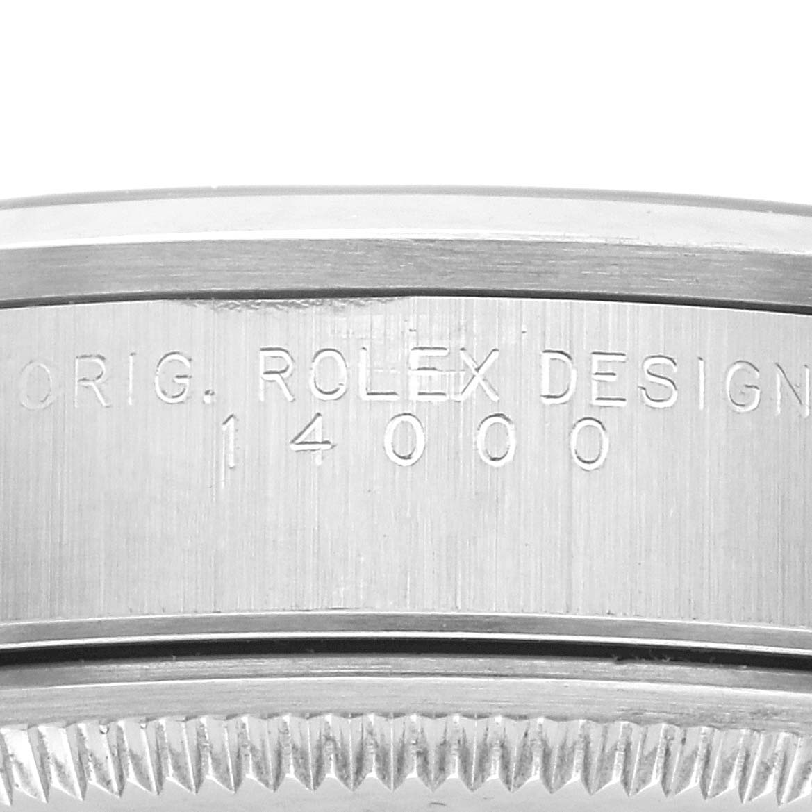 The image shows a close-up side view of the Rolex Air-King 14000 Men's Stainless Steel Pink Dial 14000 Men's Stainless Steel Pink Dial's case, highlighting the engraved model number.