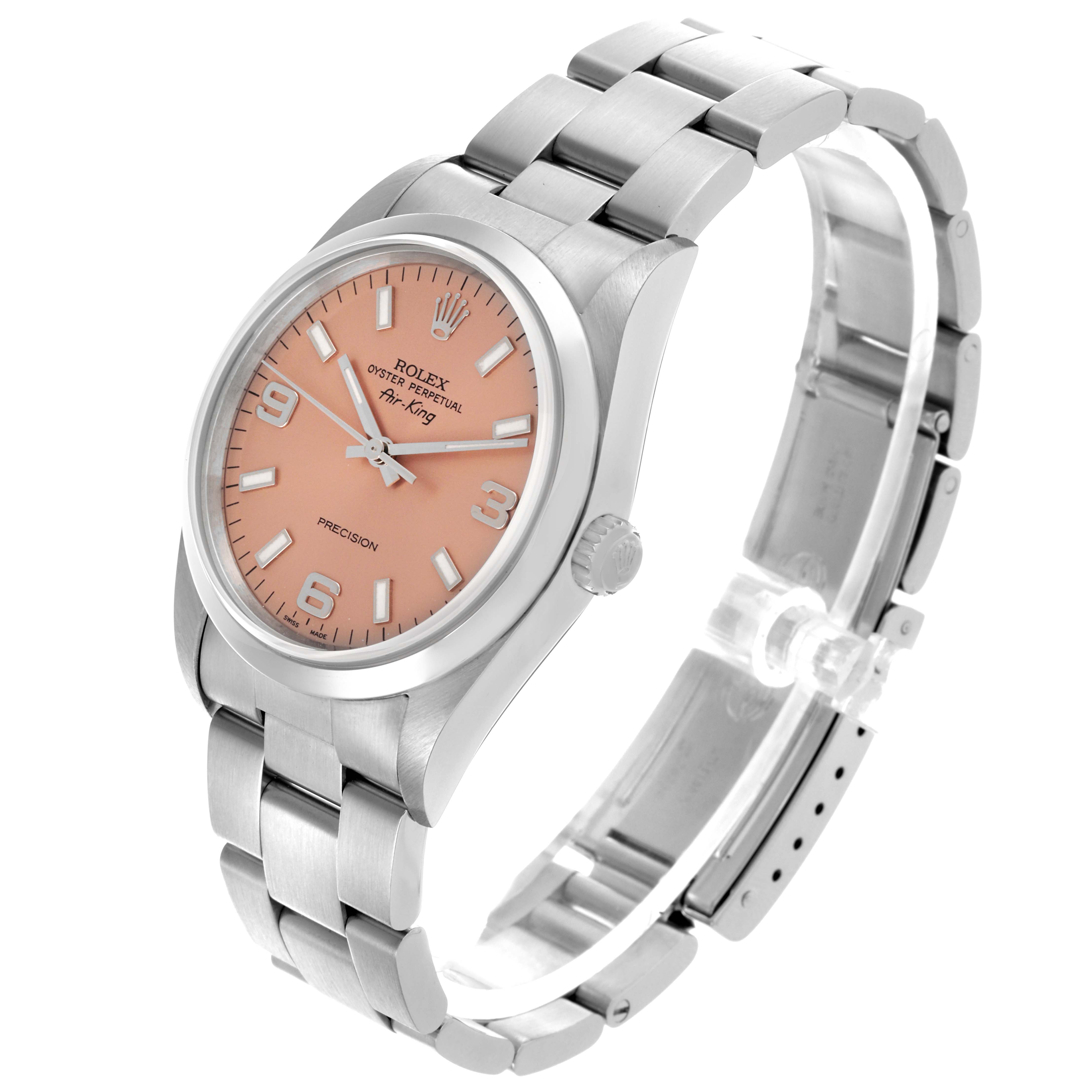 The Rolex Air-King 14000 Men's Stainless Steel Pink Dial 14000 Men's Stainless Steel Pink Dial watch is shown at a slight angle, displaying the face, bezel, crown, and bracelet.
