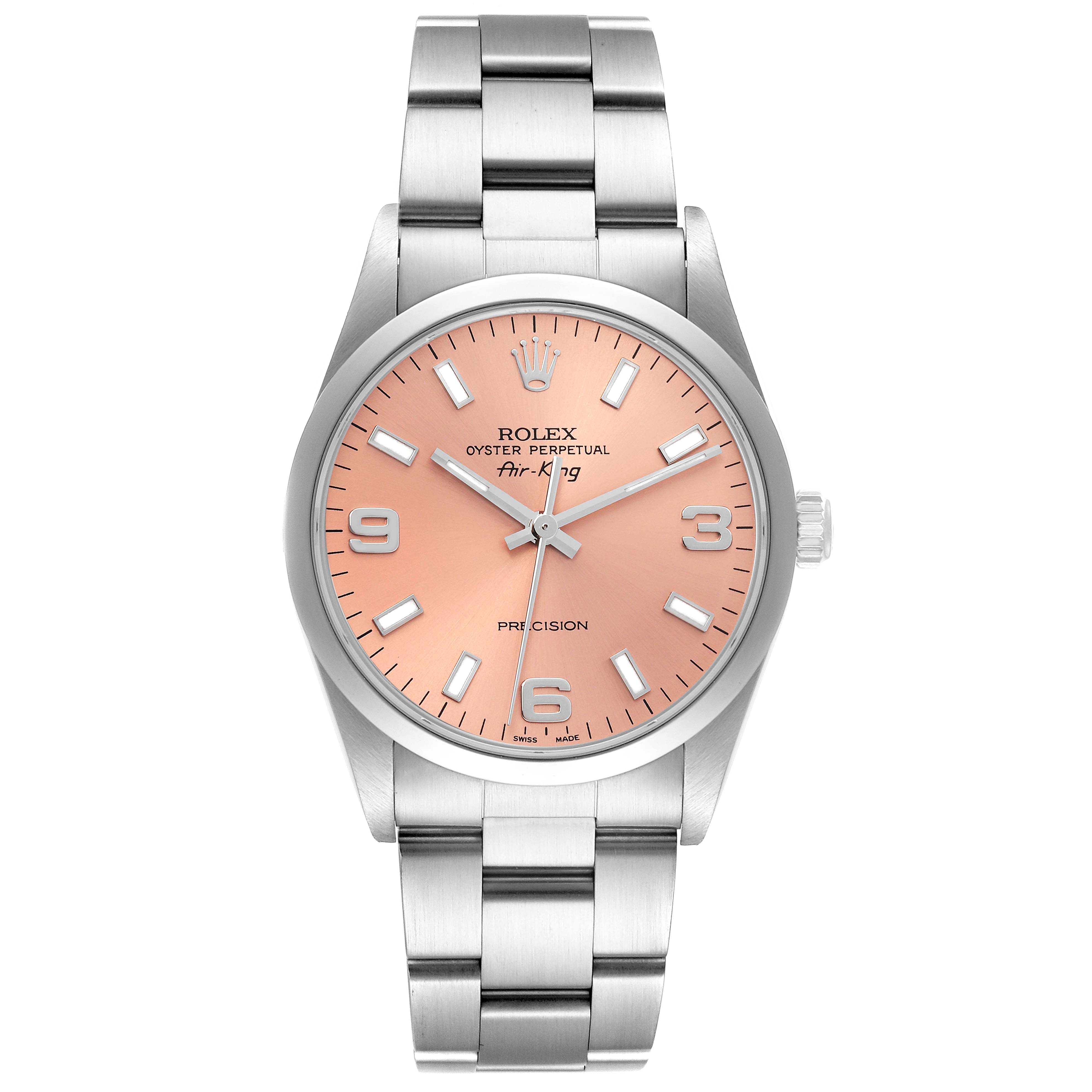 The Rolex Air-King 14000 Men's Stainless Steel Pink Dial 14000 Men's Stainless Steel Pink Dial watch is shown from the front, displaying the dial, hands, crown, and bracelet.