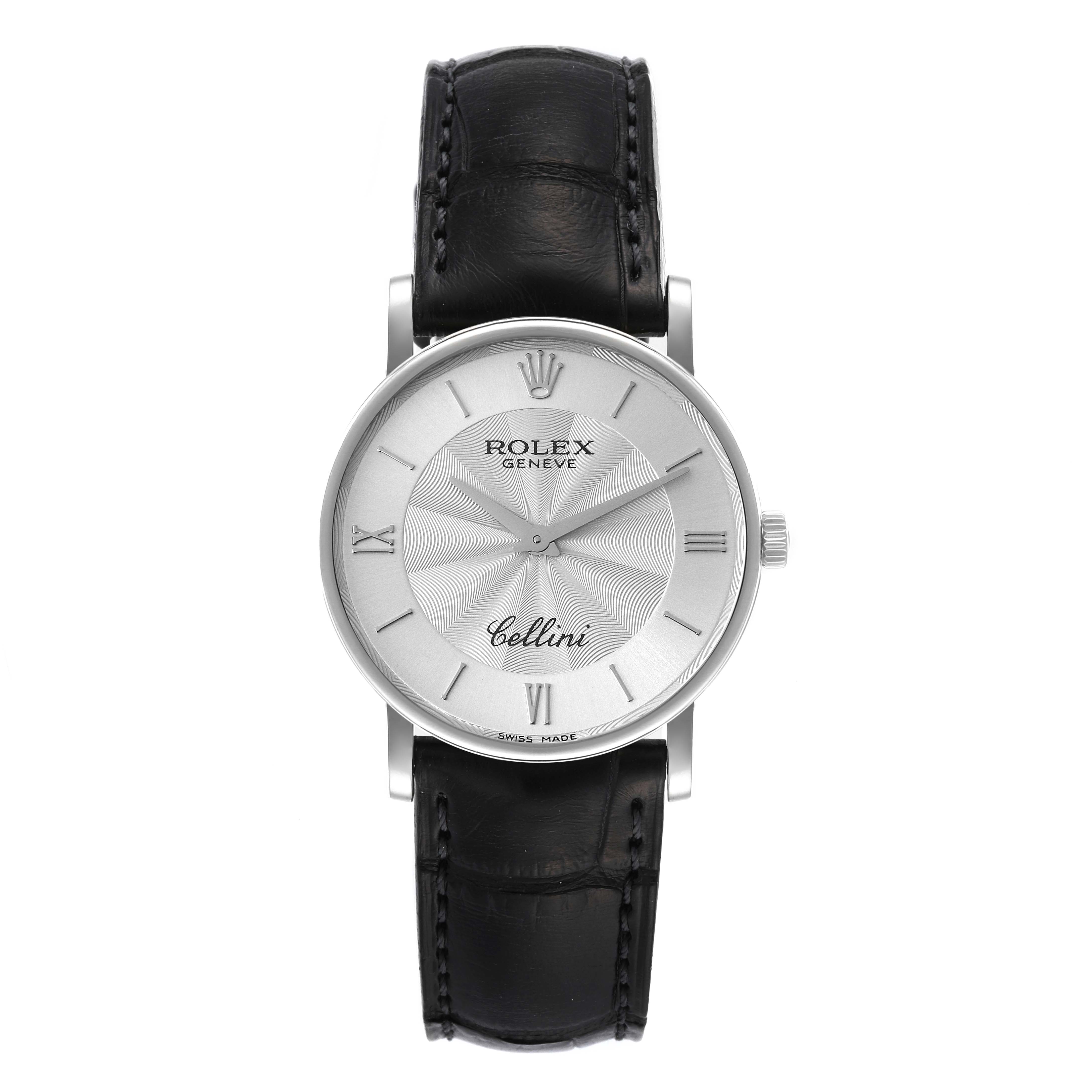The image shows a front view of a Rolex Cellini 5115 Men
s Stainless Steel Silver Dial 5115 Men
s Stainless Steel Silver Dial watch featuring a black leather strap and a silver dial with Roman numerals.