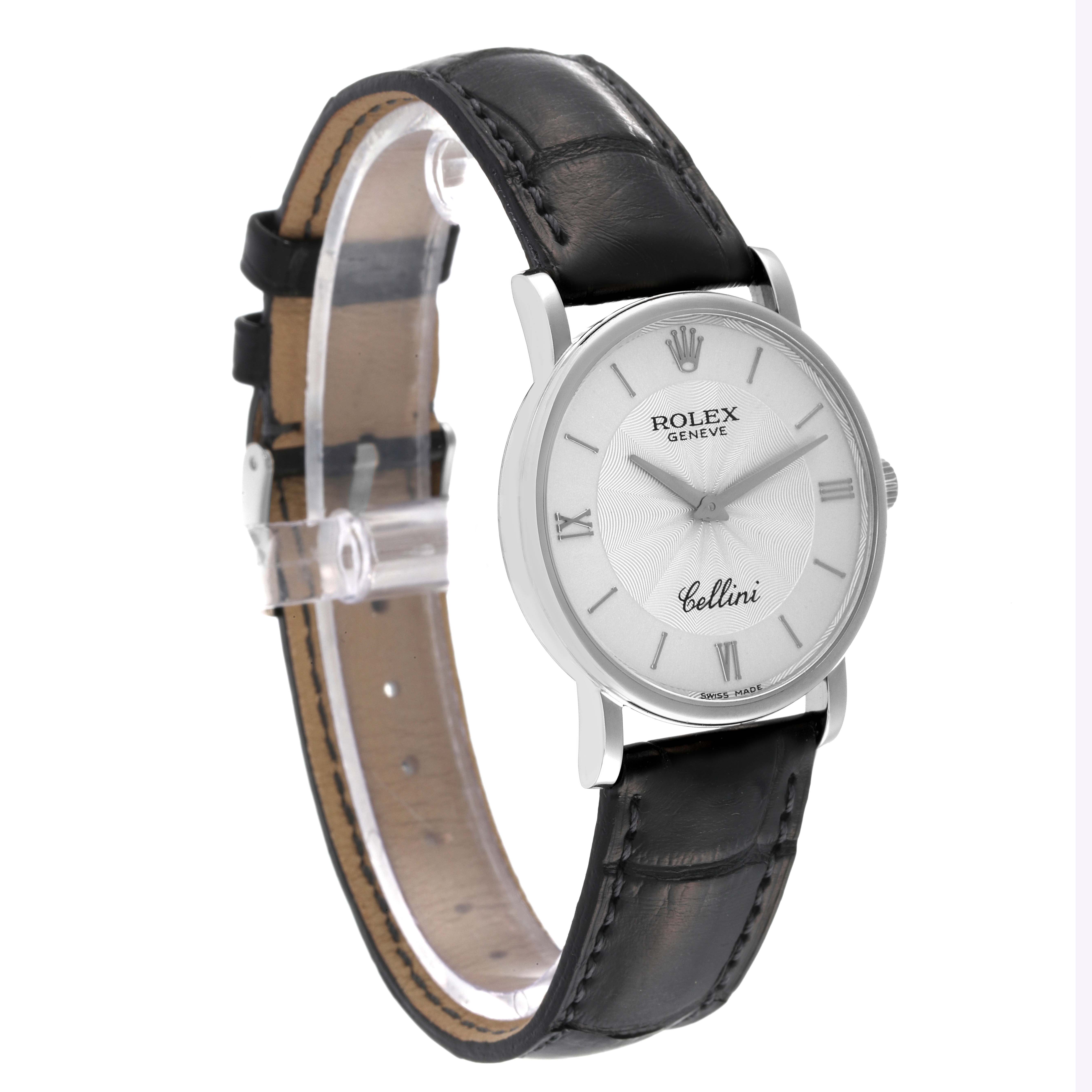 The Rolex Cellini 5115 Men
s Stainless Steel Silver Dial 5115 Men
s Stainless Steel Silver Dial watch is shown at an angle highlighting the face, dial, and black leather strap.