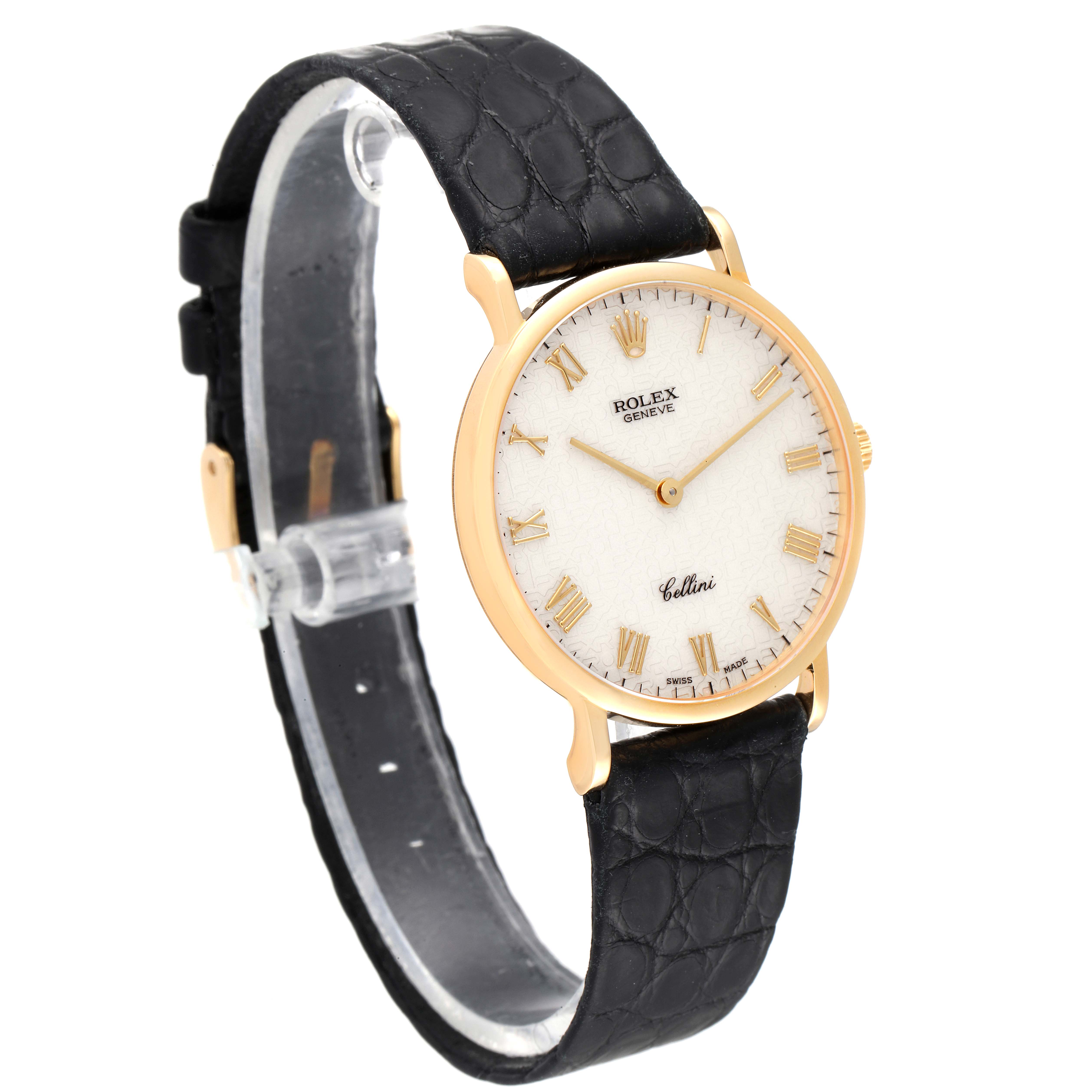 The image shows a Rolex Cellini 5112 Men's Yellow Gold Beige Dial 5112 Men's Yellow Gold Beige Dial watch angled slightly from the front, highlighting its black leather strap and gold case with Roman numerals.