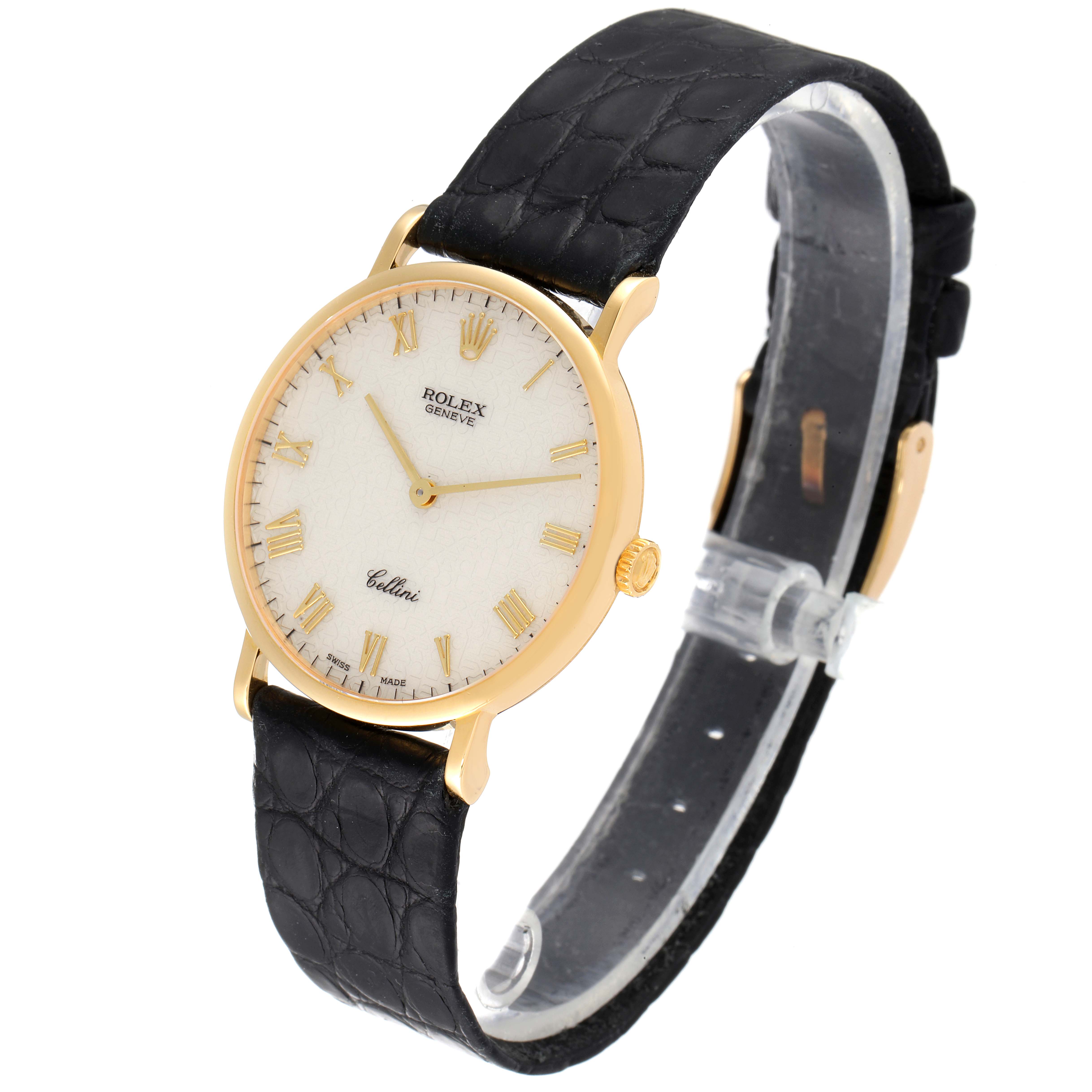 The image shows a Rolex Cellini 5112 Men's Yellow Gold Beige Dial 5112 Men's Yellow Gold Beige Dial model watch from an angled side view, highlighting its dial, crown, and leather strap.
