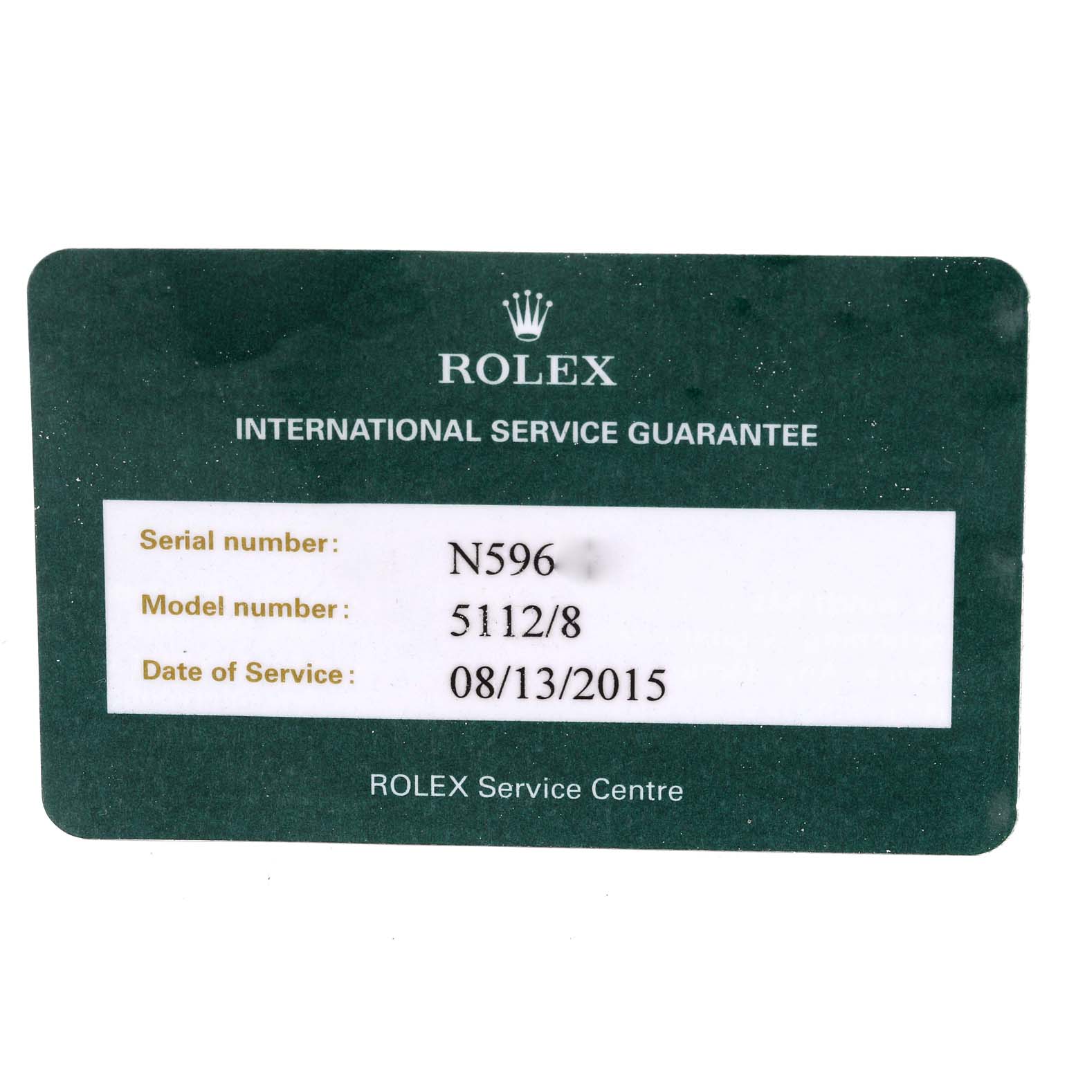 The image shows a Rolex International Service Guarantee card for a Cellini model with details such as serial number, model number, and service date.