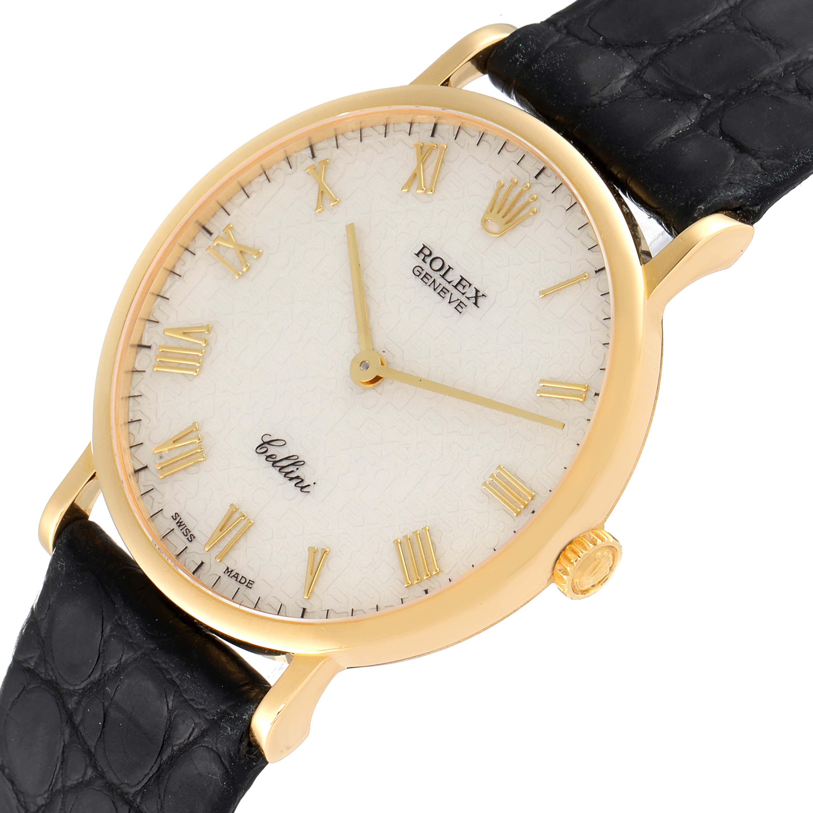 This image shows a close-up of the Rolex Cellini 5112 Men's Yellow Gold Beige Dial 5112 Men's Yellow Gold Beige Dial watch, highlighting its face, gold case, crown, and part of the black leather strap.
