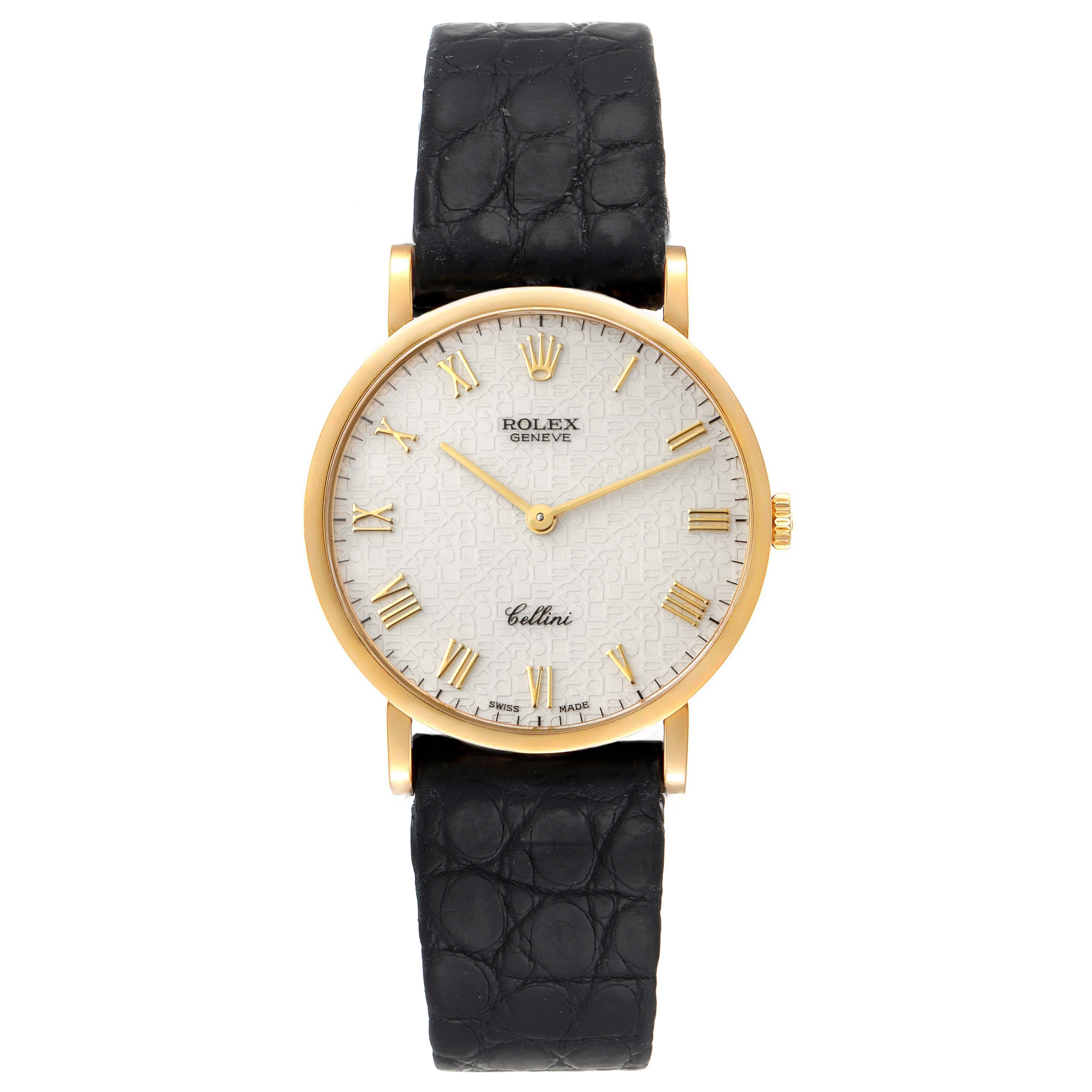 This Rolex Cellini 5112 Men's Yellow Gold Beige Dial 5112 Men's Yellow Gold Beige Dial watch is shown from the front, displaying its gold case, white dial, and black leather strap.