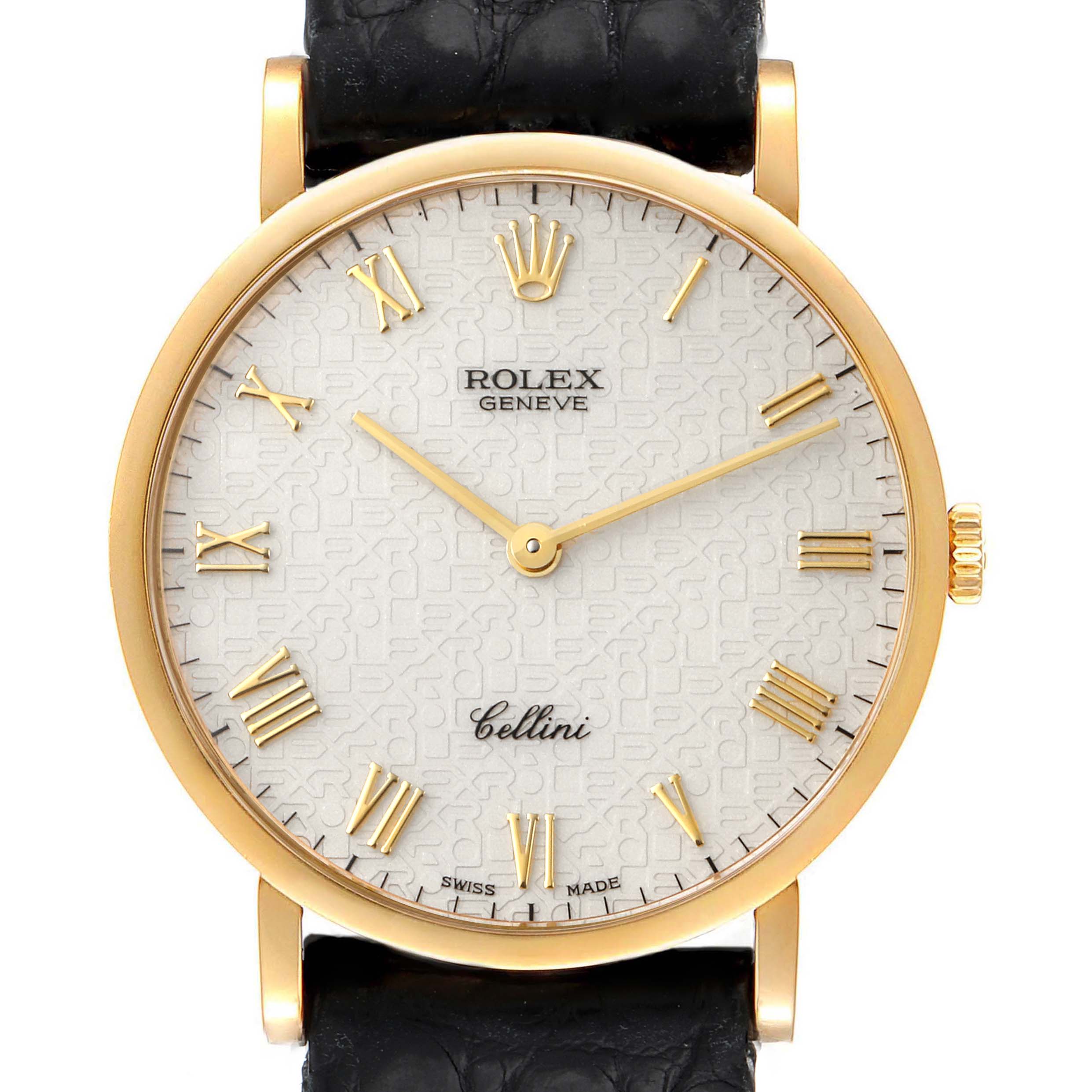 This is a front view of the Rolex Cellini 5112 Men's Yellow Gold Beige Dial 5112 Men's Yellow Gold Beige Dial watch, showing the face, hands, crown, and part of the black leather strap.
