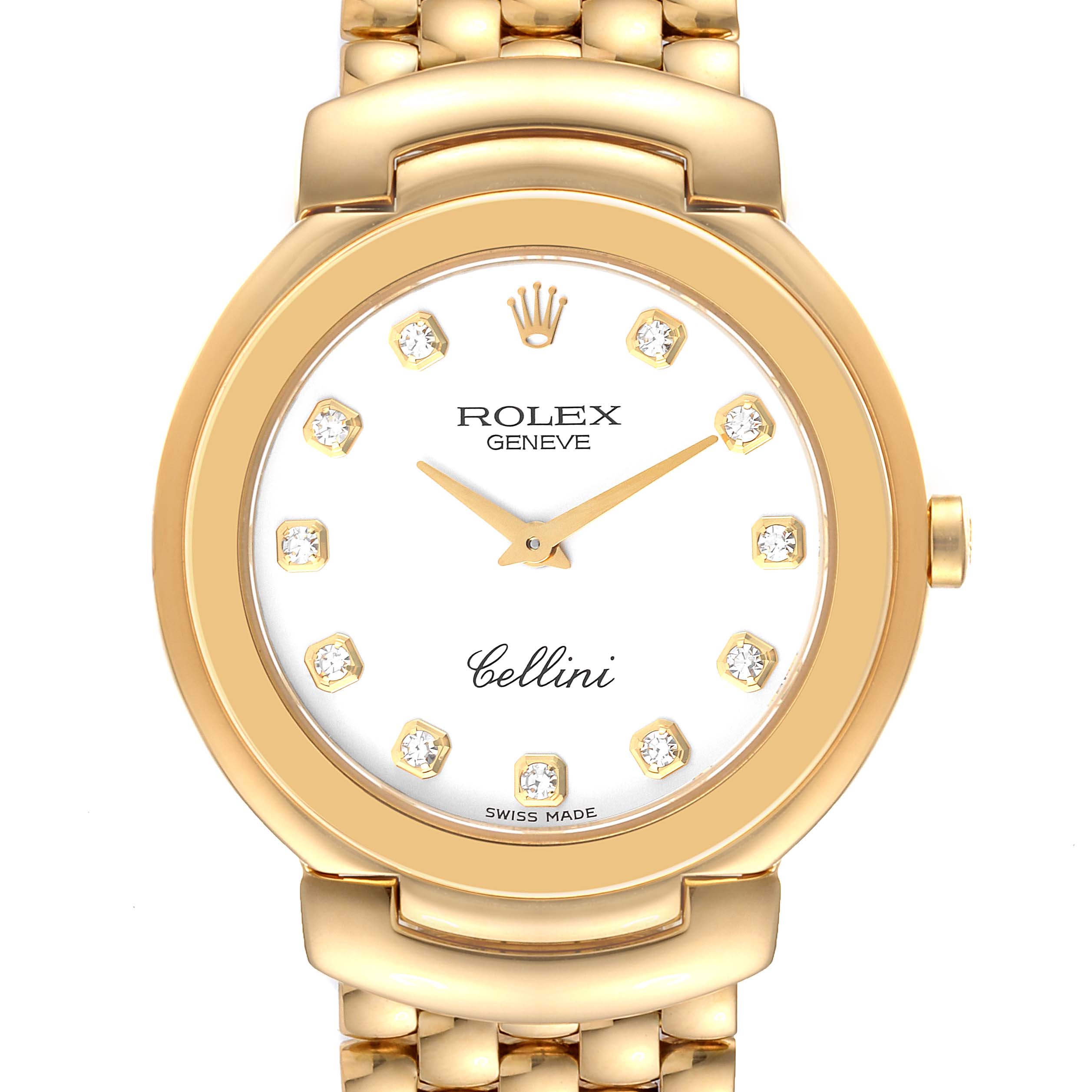 The image shows a front view of the Rolex Cellini 6622 Men
s Yellow Gold White Dial 6622 Men
s Yellow Gold White Dial watch, displaying its dial, hands, markers, crown, and part of the bracelet.