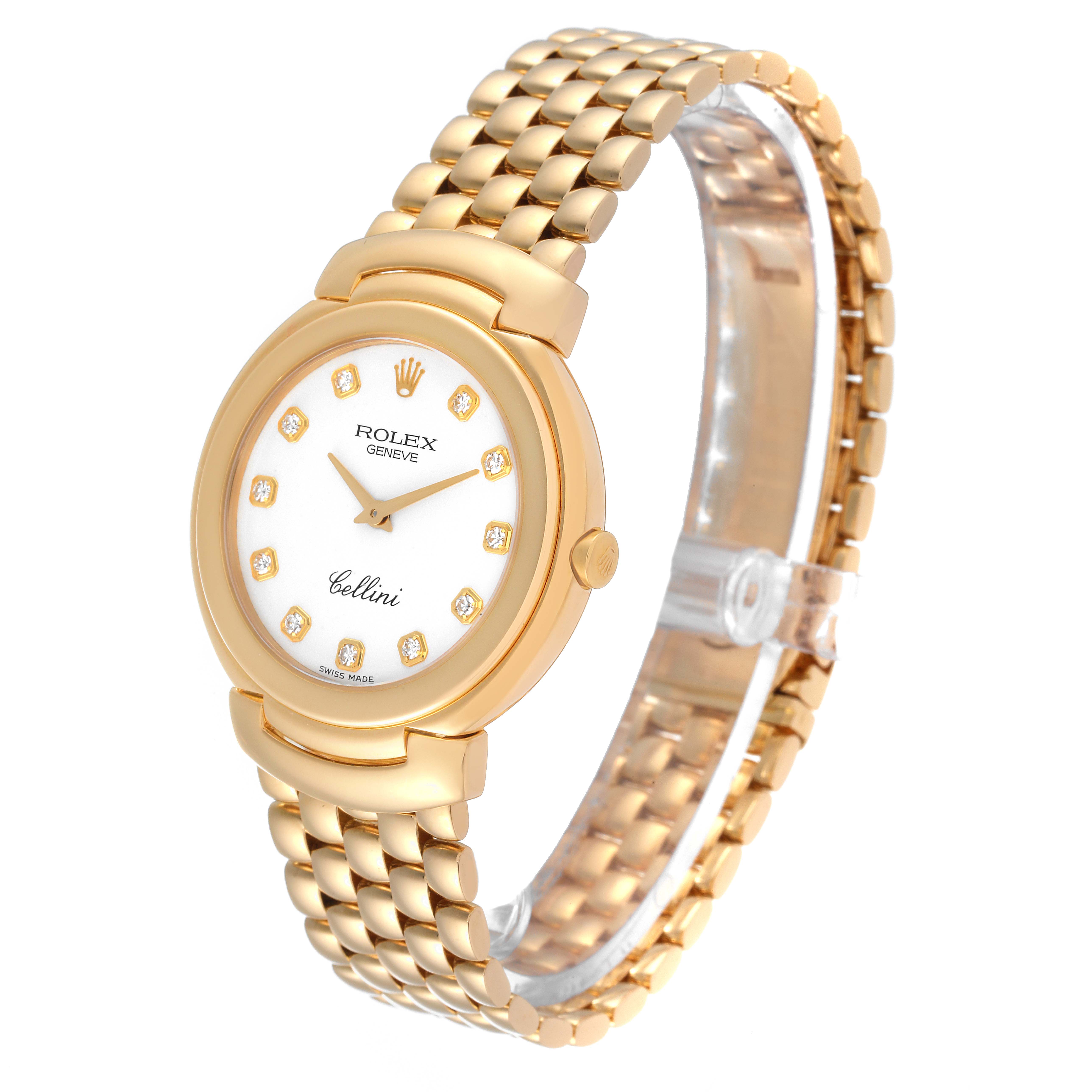 The image shows a Rolex Cellini 6622 Men
s Yellow Gold White Dial 6622 Men
s Yellow Gold White Dial watch at a three-quarter angle, highlighting the dial, bezel, and bracelet.