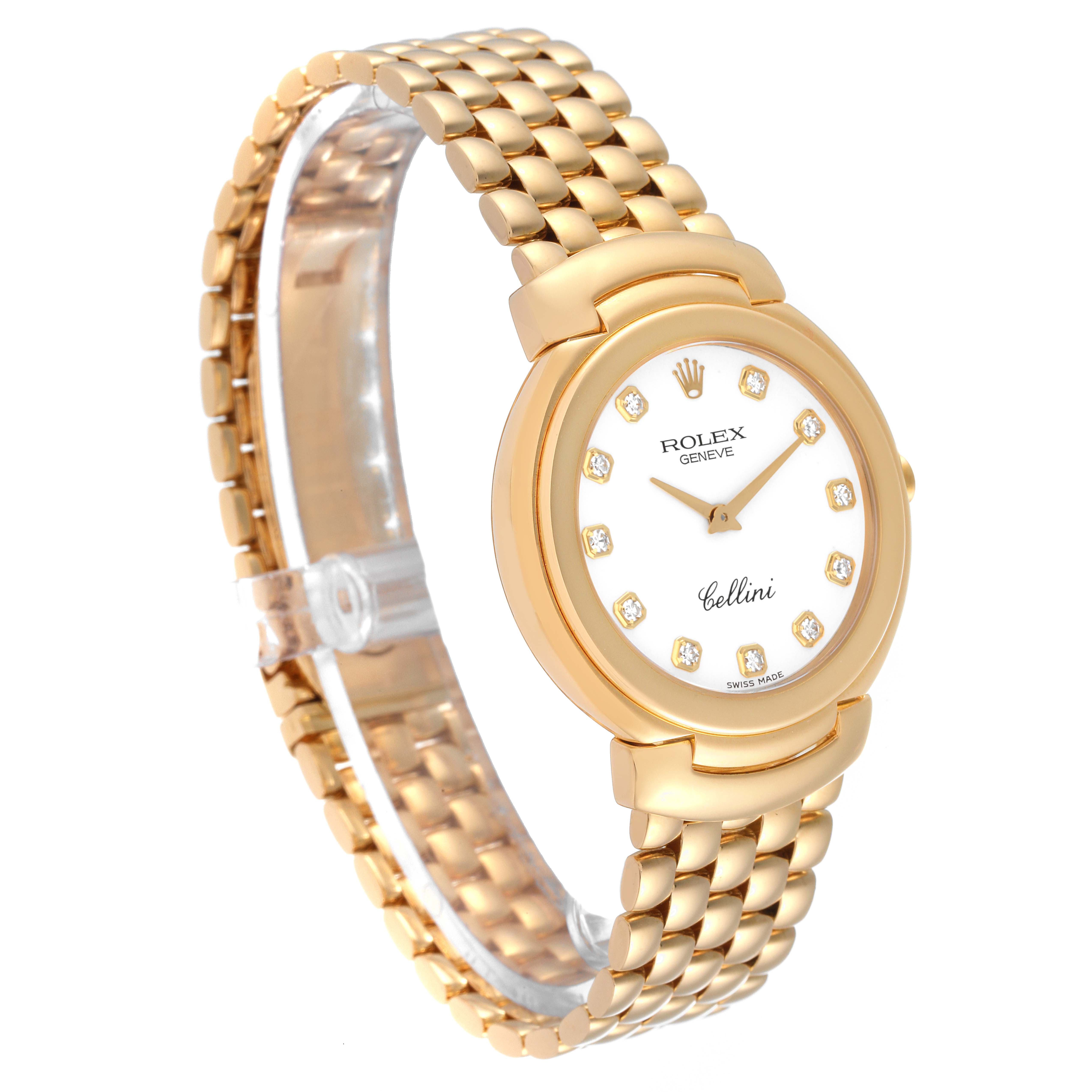 The image shows a Rolex Cellini 6622 Men
s Yellow Gold White Dial 6622 Men
s Yellow Gold White Dial watch at a slight angle, highlighting its gold case, white dial with diamond markers, and gold bracelet.