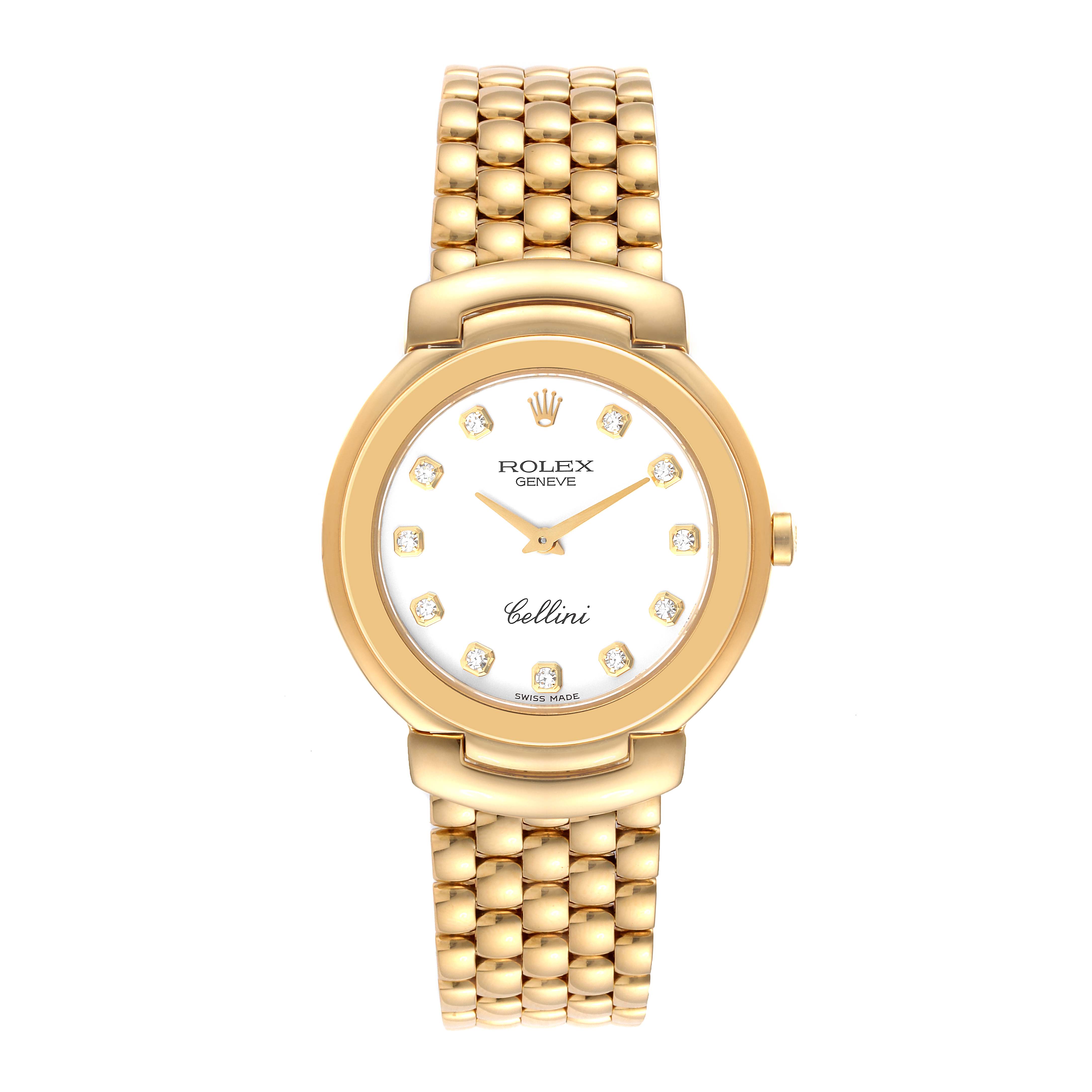 The image shows a front view of a Rolex Cellini 6622 Men
s Yellow Gold White Dial 6622 Men
s Yellow Gold White Dial watch, highlighting its gold case, diamond hour markers, and gold bracelet.