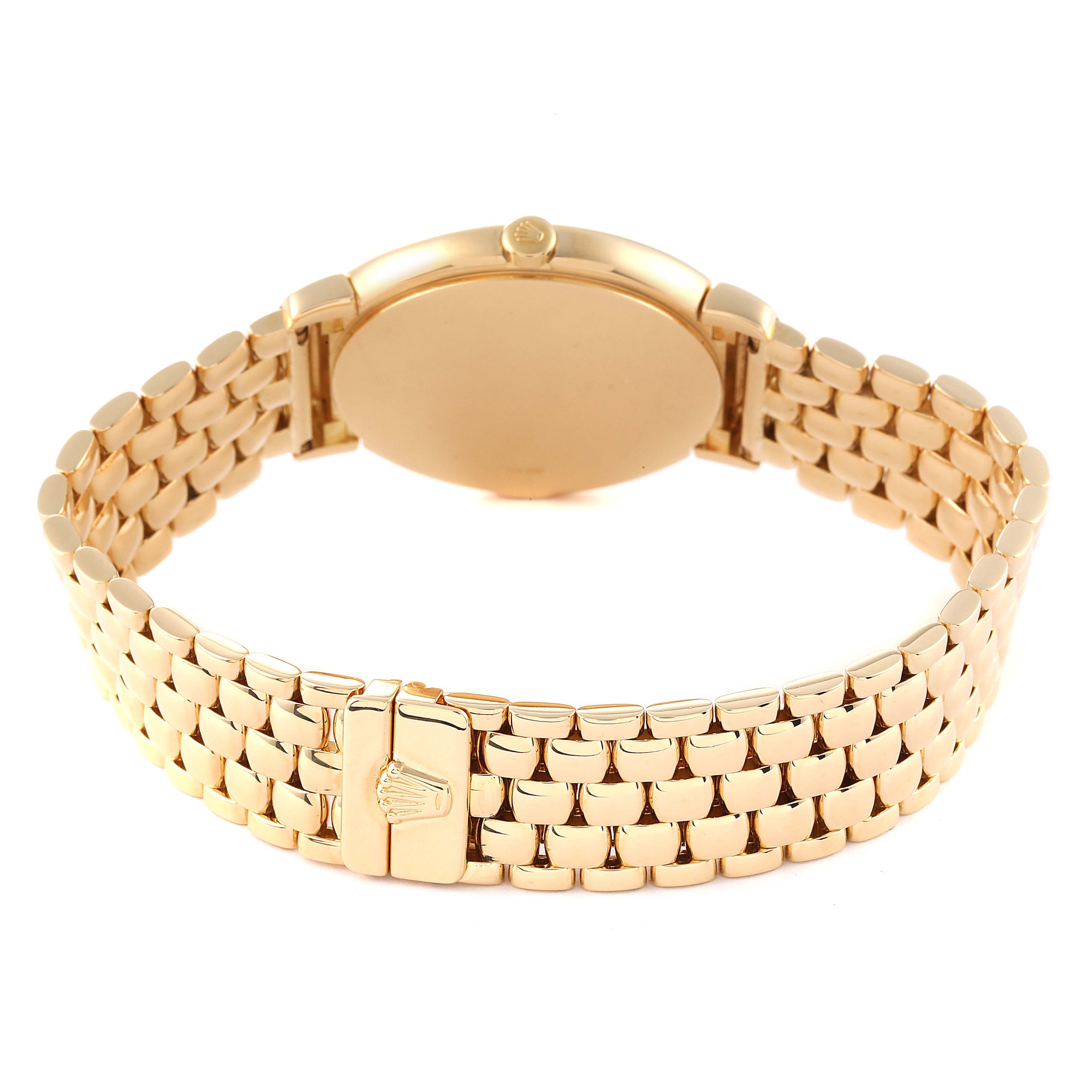 The image shows the back of a Rolex Cellini 6622 Men
s Yellow Gold White Dial 6622 Men
s Yellow Gold White Dial watch, highlighting its gold bracelet and clasp.