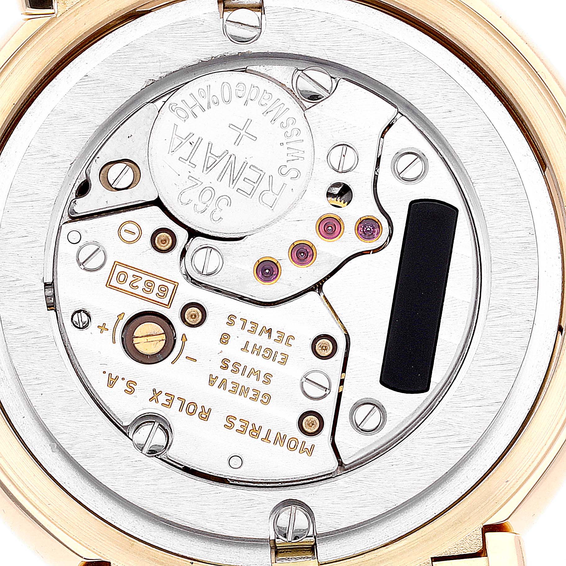 This image shows a close-up of the movement inside a Rolex Cellini 6622 Men
s Yellow Gold White Dial 6622 Men
s Yellow Gold White Dial watch, revealing its intricate parts and mechanics.