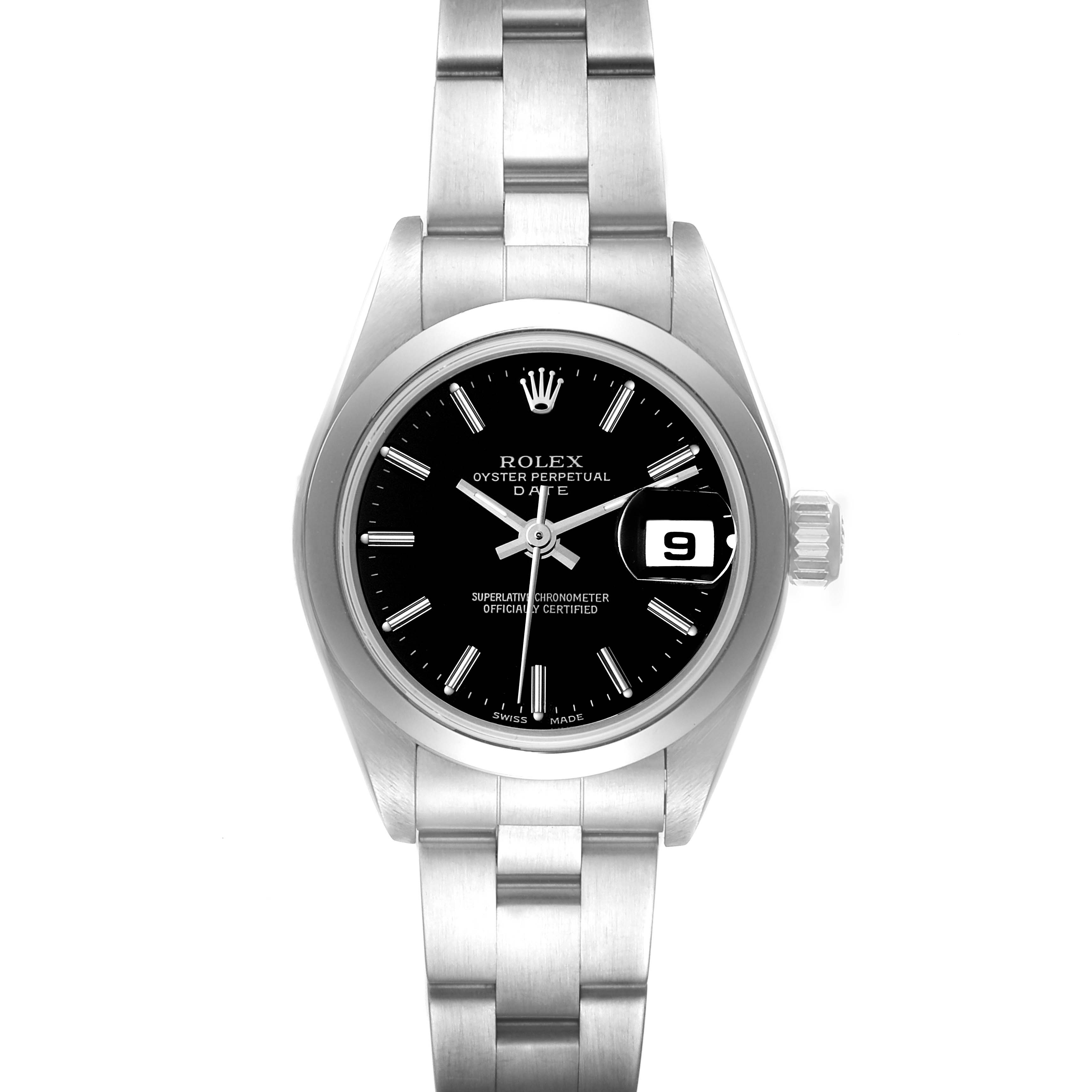 The image shows a front view of the Rolex Oyster Perpetual Date watch with a stainless steel bracelet.