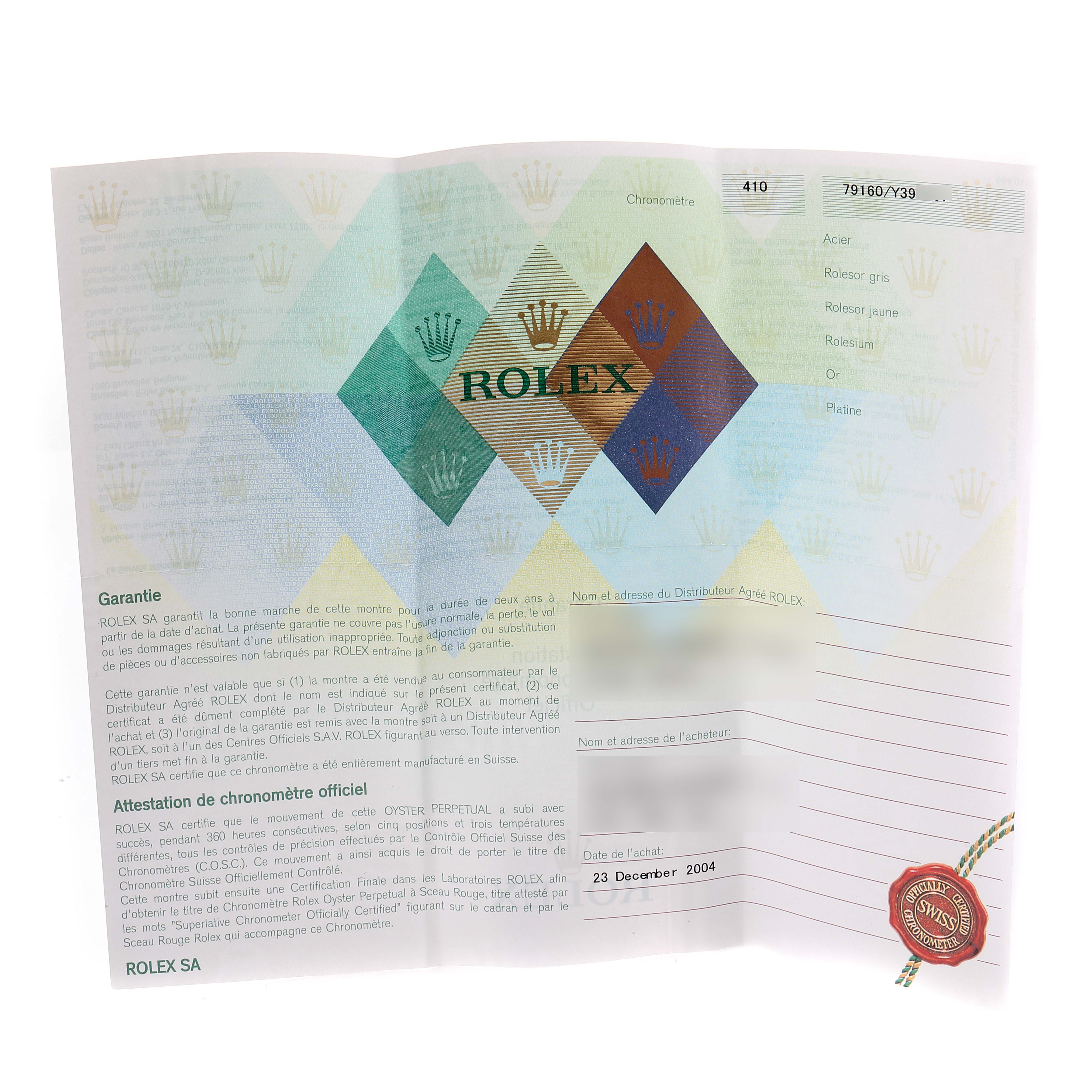 The image shows the warranty certificate and chronometer certification for a Rolex Date 79160 Women
s Stainless Steel Black Dial 79160 Women
s Stainless Steel Black Dial model watch.