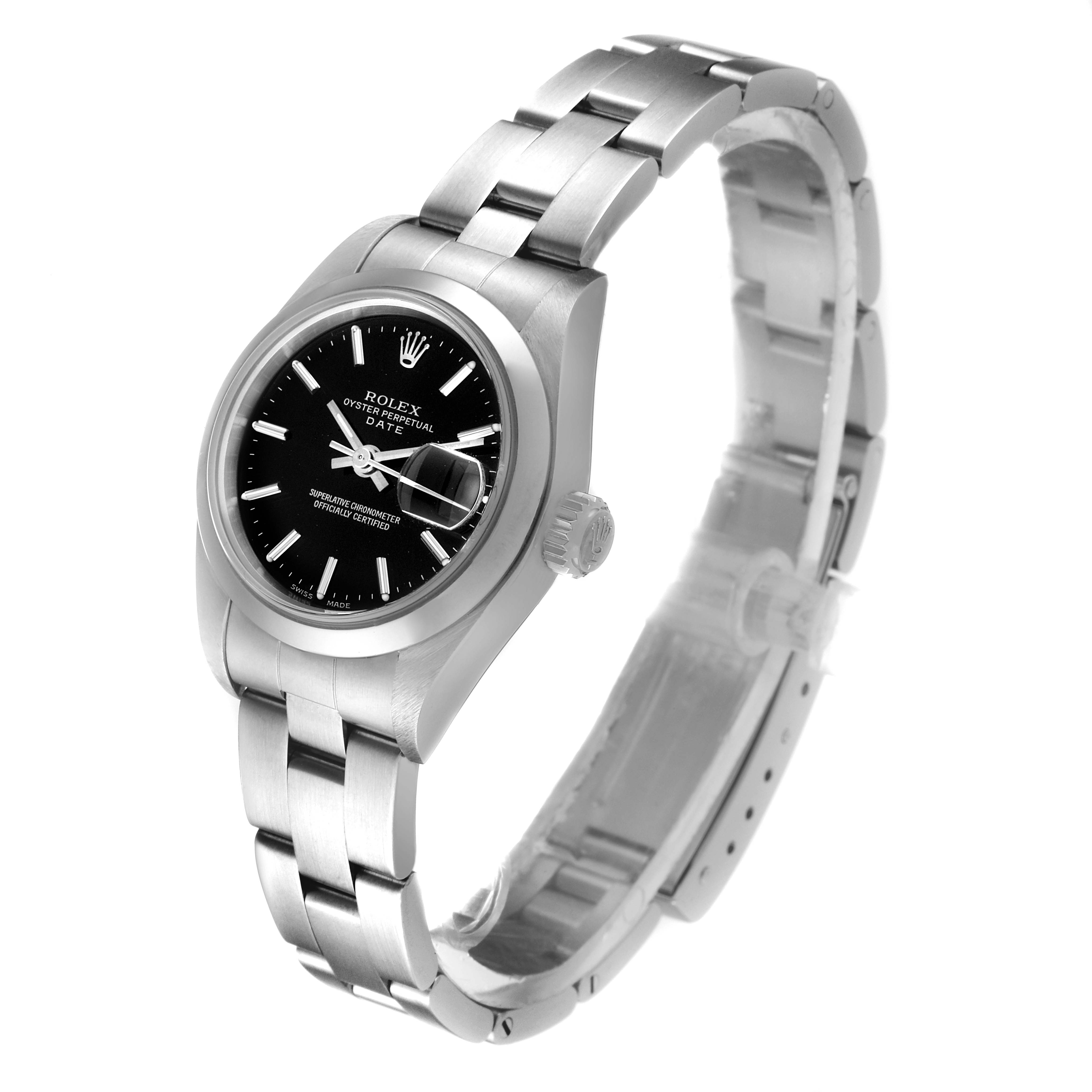 This image shows a side and slightly angled top-down view of the Rolex Date 79160 Women
s Stainless Steel Black Dial 79160 Women
s Stainless Steel Black Dial model, highlighting the face, bezel, crown, and bracelet.