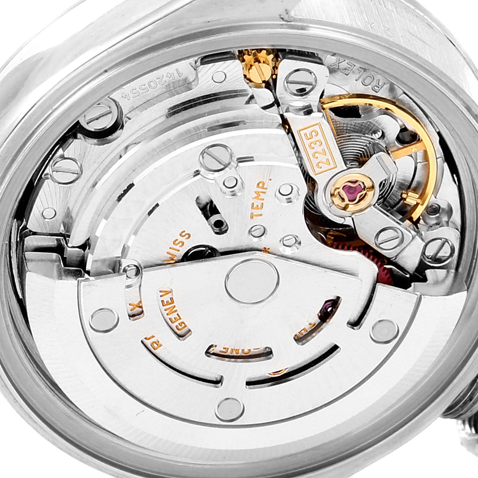 This close-up image shows the Rolex Date 79160 Women
s Stainless Steel Black Dial 79160 Women
s Stainless Steel Black Dial model
s movement and internal mechanisms from a rear angle.