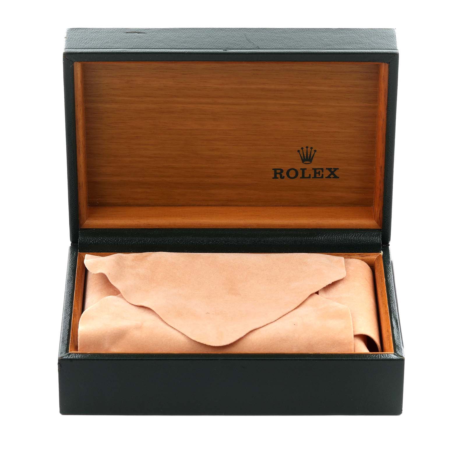 This image shows an open Rolex watch box with a protective cloth inside, typical for a Date model presentation.