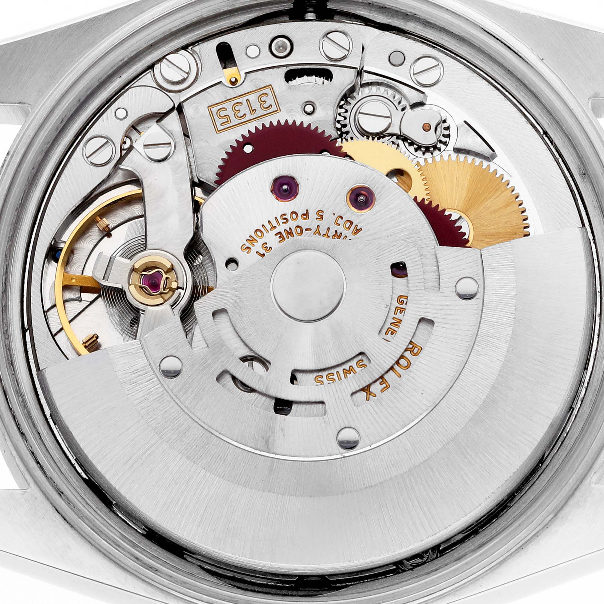 This image shows the Rolex Date 15210 Men's Stainless Steel Silver Dial 15210 Men's Stainless Steel Silver Dial model's movement from a back angle, highlighting gears and components.