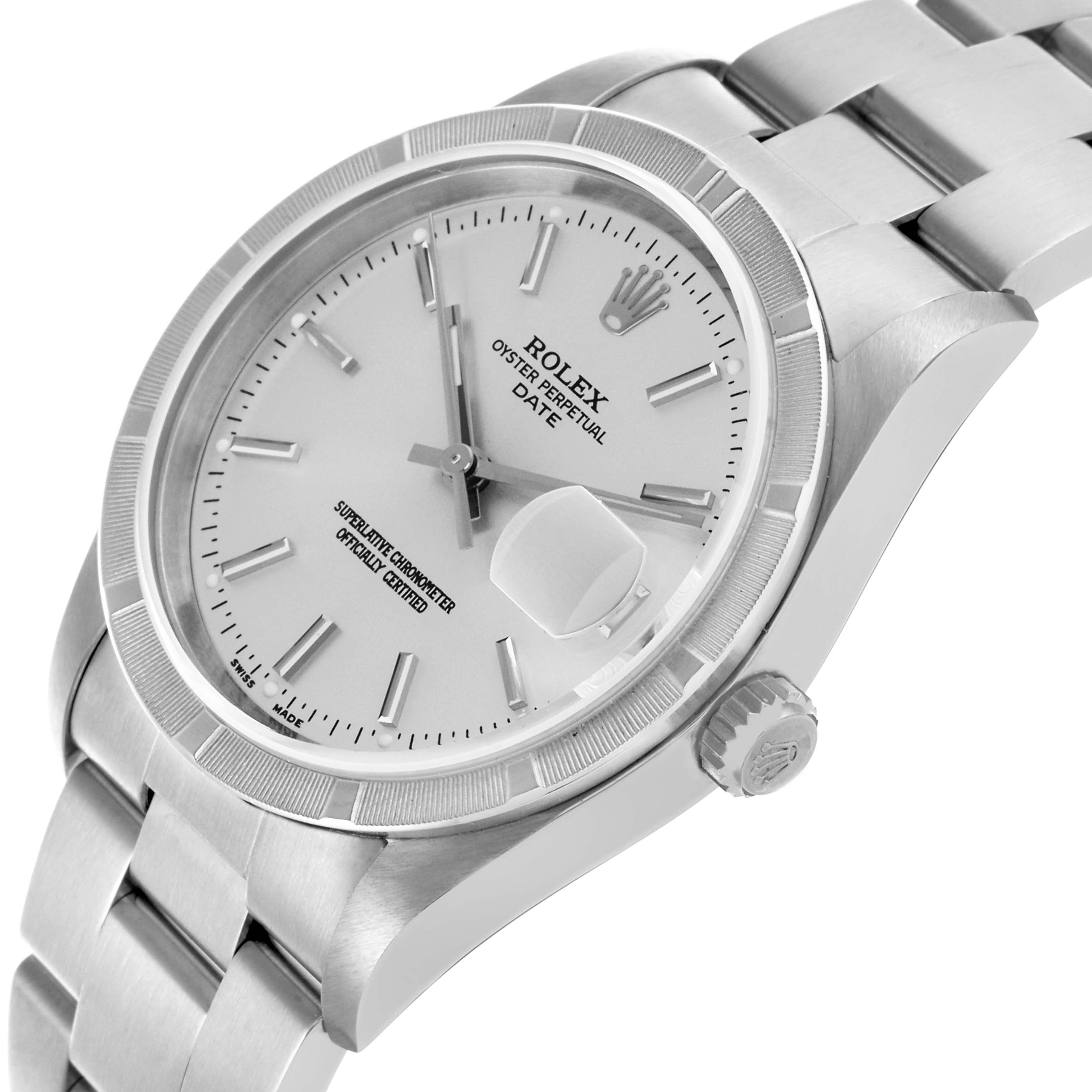 The Rolex Date 15210 Men's Stainless Steel Silver Dial 15210 Men's Stainless Steel Silver Dial watch is shown at an angled view, highlighting the dial, bezel, crown, and part of the bracelet.