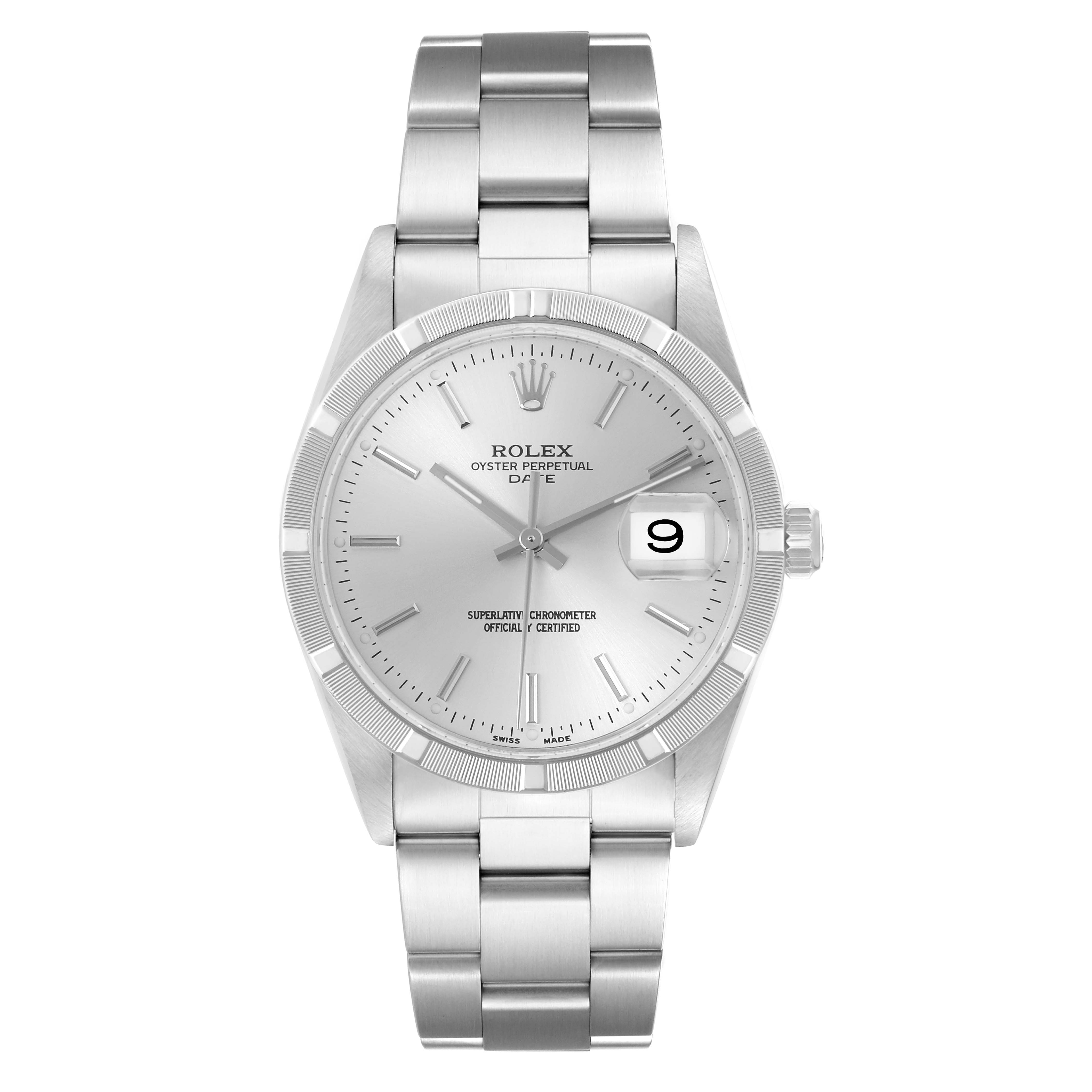 The Rolex Date 15210 Men's Stainless Steel Silver Dial 15210 Men's Stainless Steel Silver Dial model watch is shown from a front angle, displaying its face, bracelet, and crown.