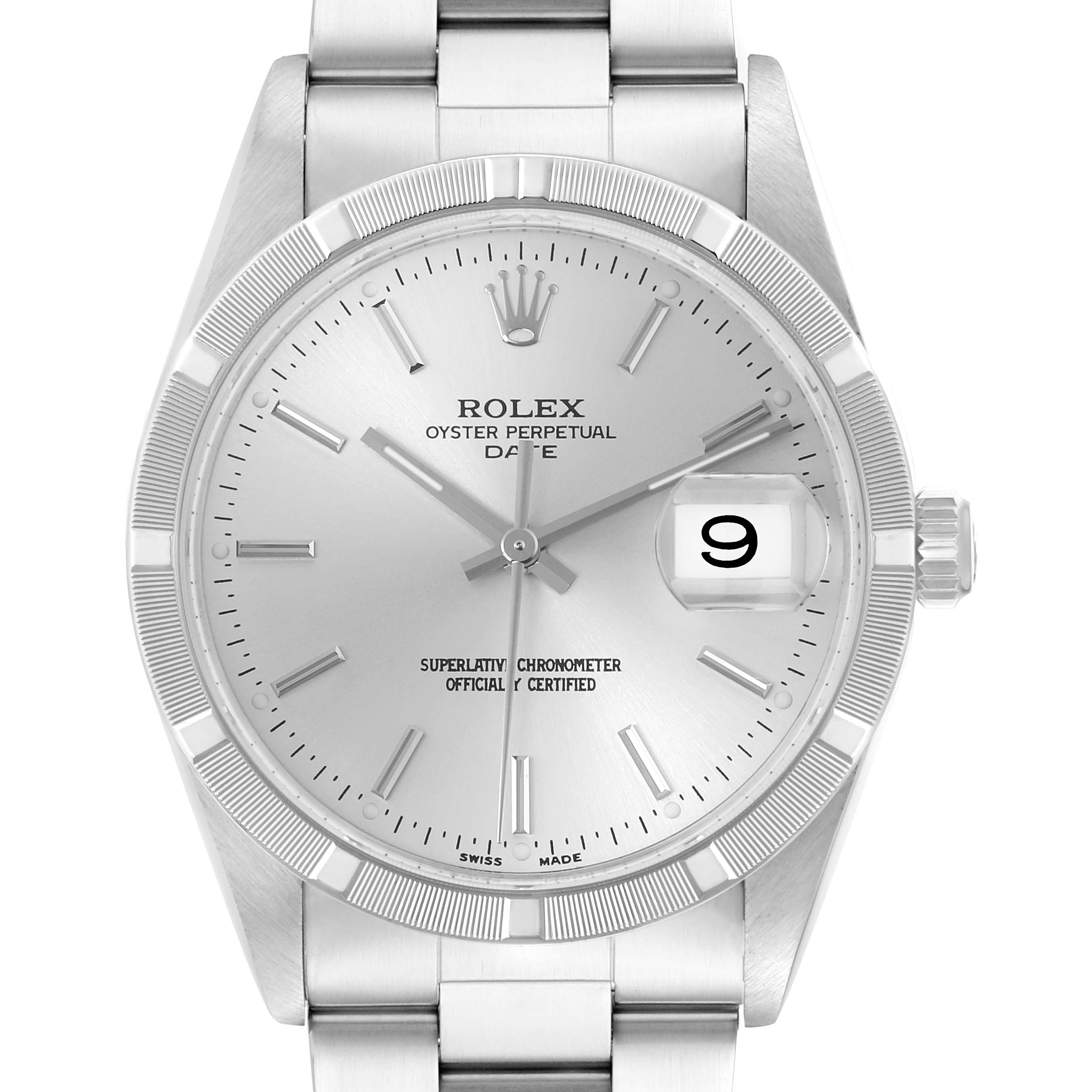 The image shows a front view of a Rolex Date 15210 Men's Stainless Steel Silver Dial 15210 Men's Stainless Steel Silver Dial model, highlighting the dial, date window, and bezel.