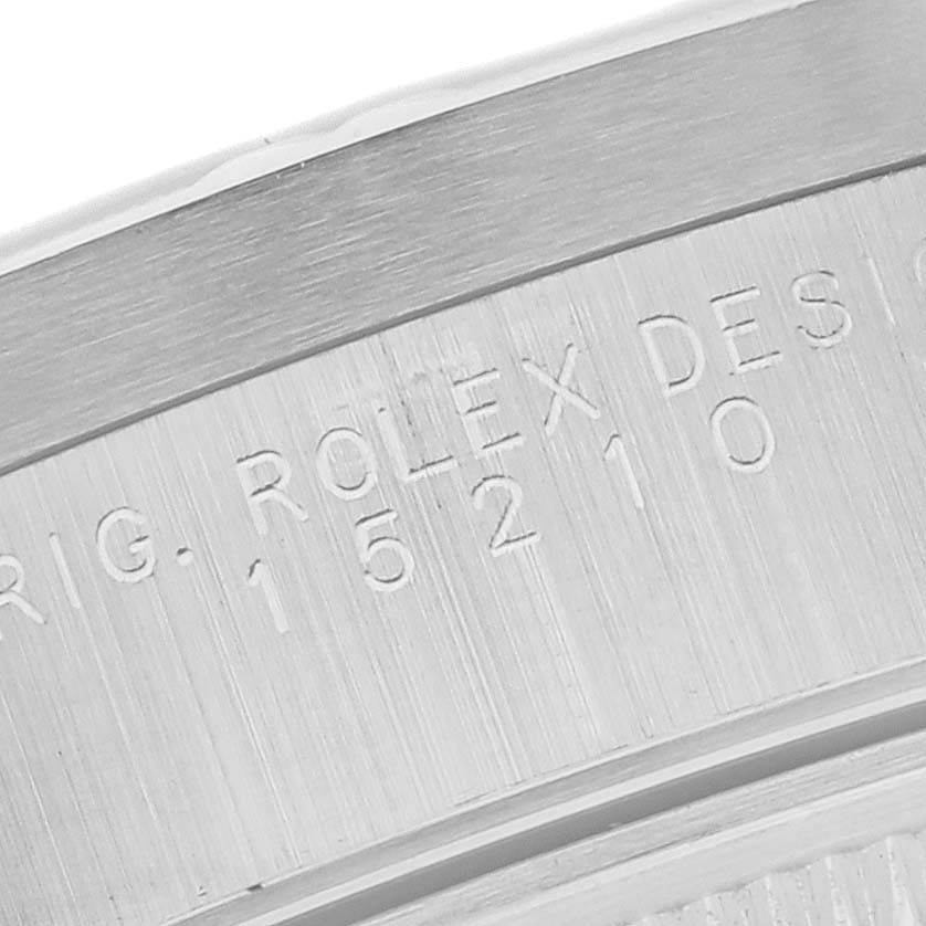 The image shows the engraved side detail of the Rolex Date 15210 Men's Stainless Steel Silver Dial 15210 Men's Stainless Steel Silver Dial model, focusing on the case edge and model number.