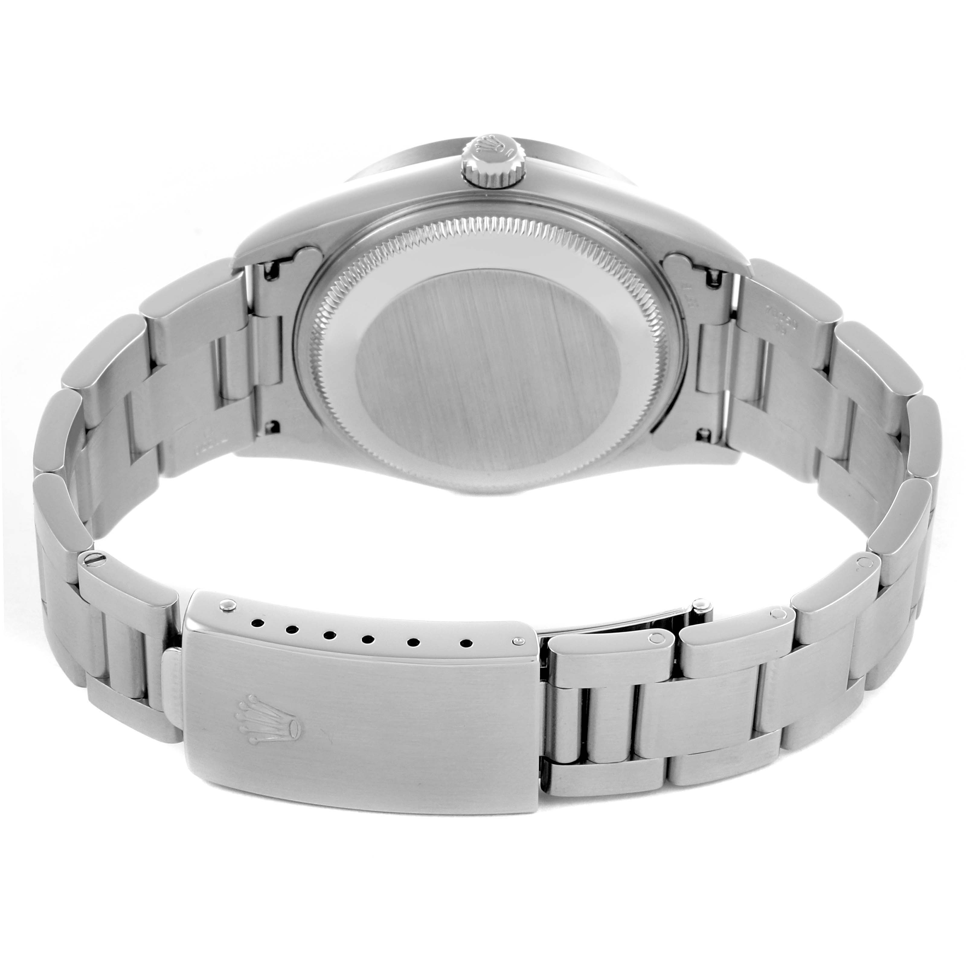The image shows the back and bracelet of a Rolex Date 15210 Men's Stainless Steel Silver Dial 15210 Men's Stainless Steel Silver Dial watch, highlighting the clasp and case back.