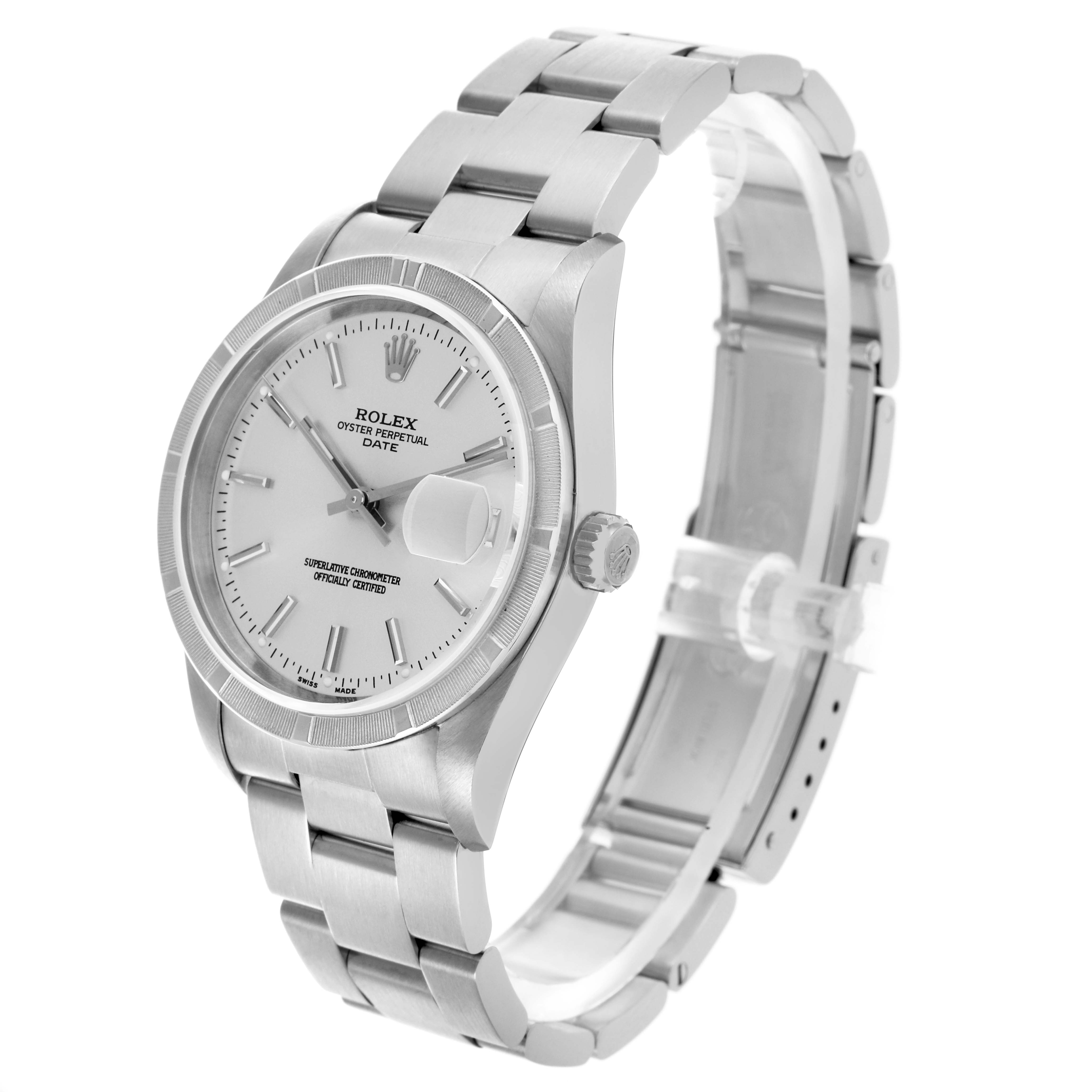 The Rolex Date 15210 Men's Stainless Steel Silver Dial 15210 Men's Stainless Steel Silver Dial watch is shown at a slight angle, displaying the bracelet, dial, bezel, and crown.